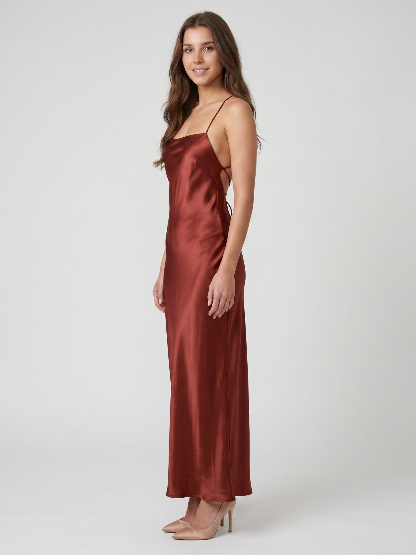 Wine Satin Sheath Square Neck Criss-Cross Straps Ankle-Length Bridesmaid Dress