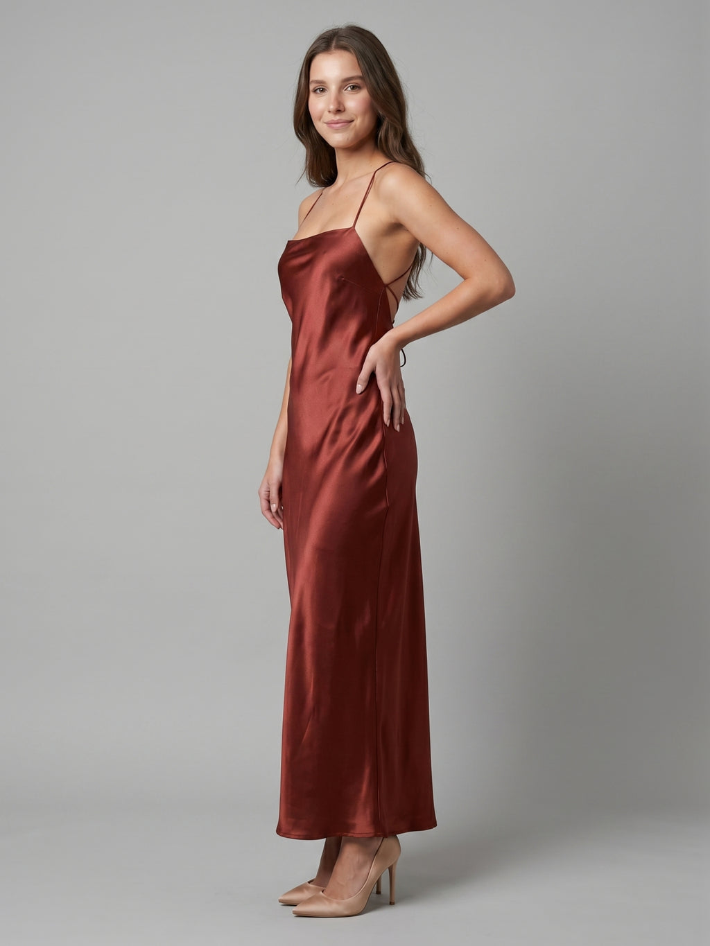 Wine Satin Sheath Square Neck Criss-Cross Straps Ankle-Length Bridesmaid Dress
