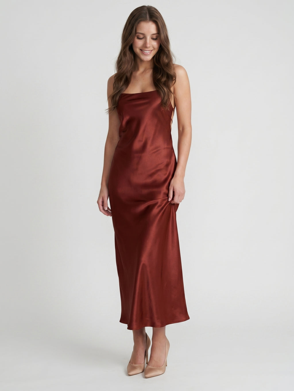 Wine Satin Sheath Square Neck Criss-Cross Straps Ankle-Length Bridesmaid Dress
