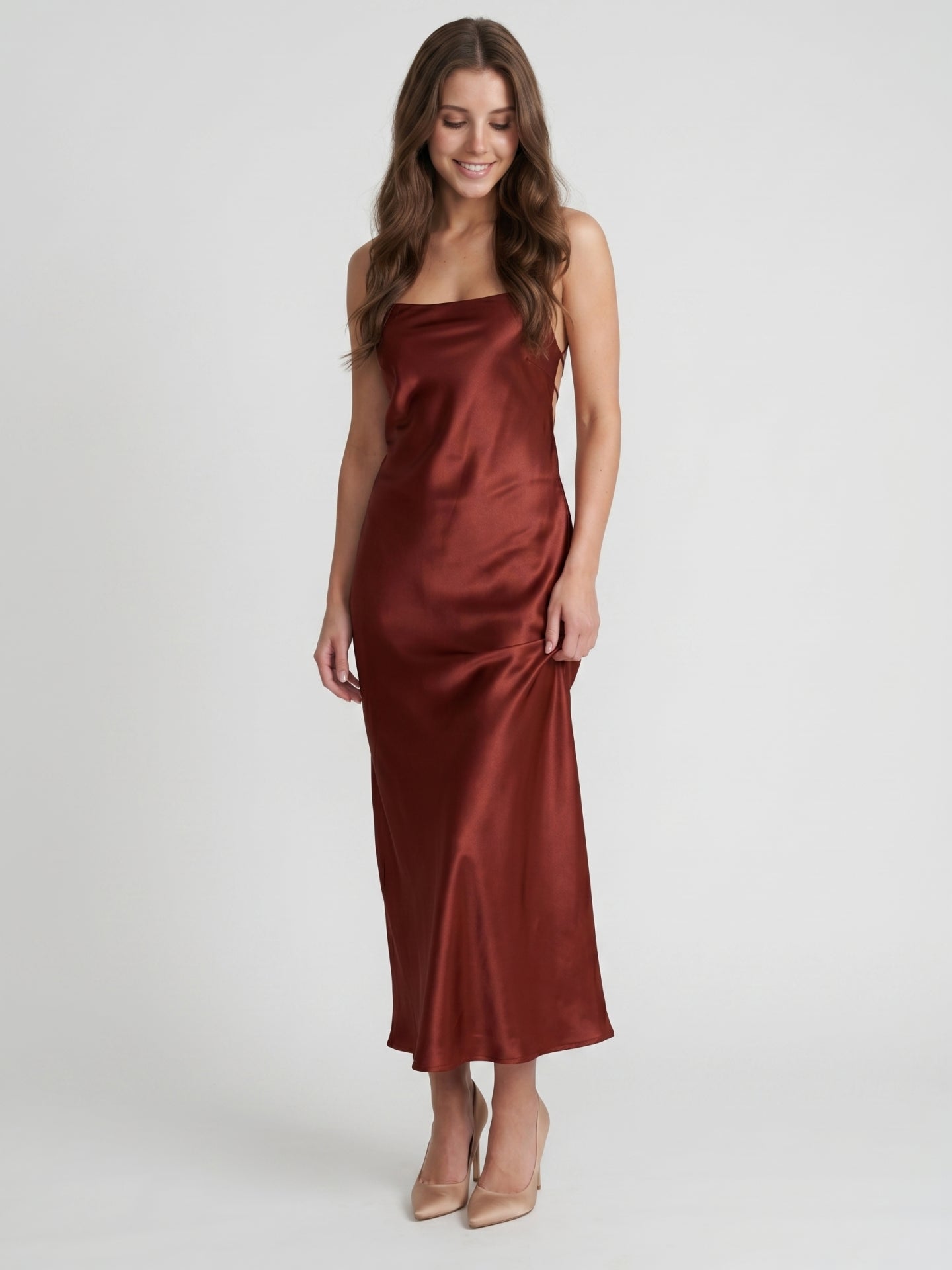 Wine Satin Sheath Square Neck Criss-Cross Straps Ankle-Length Bridesmaid Dress