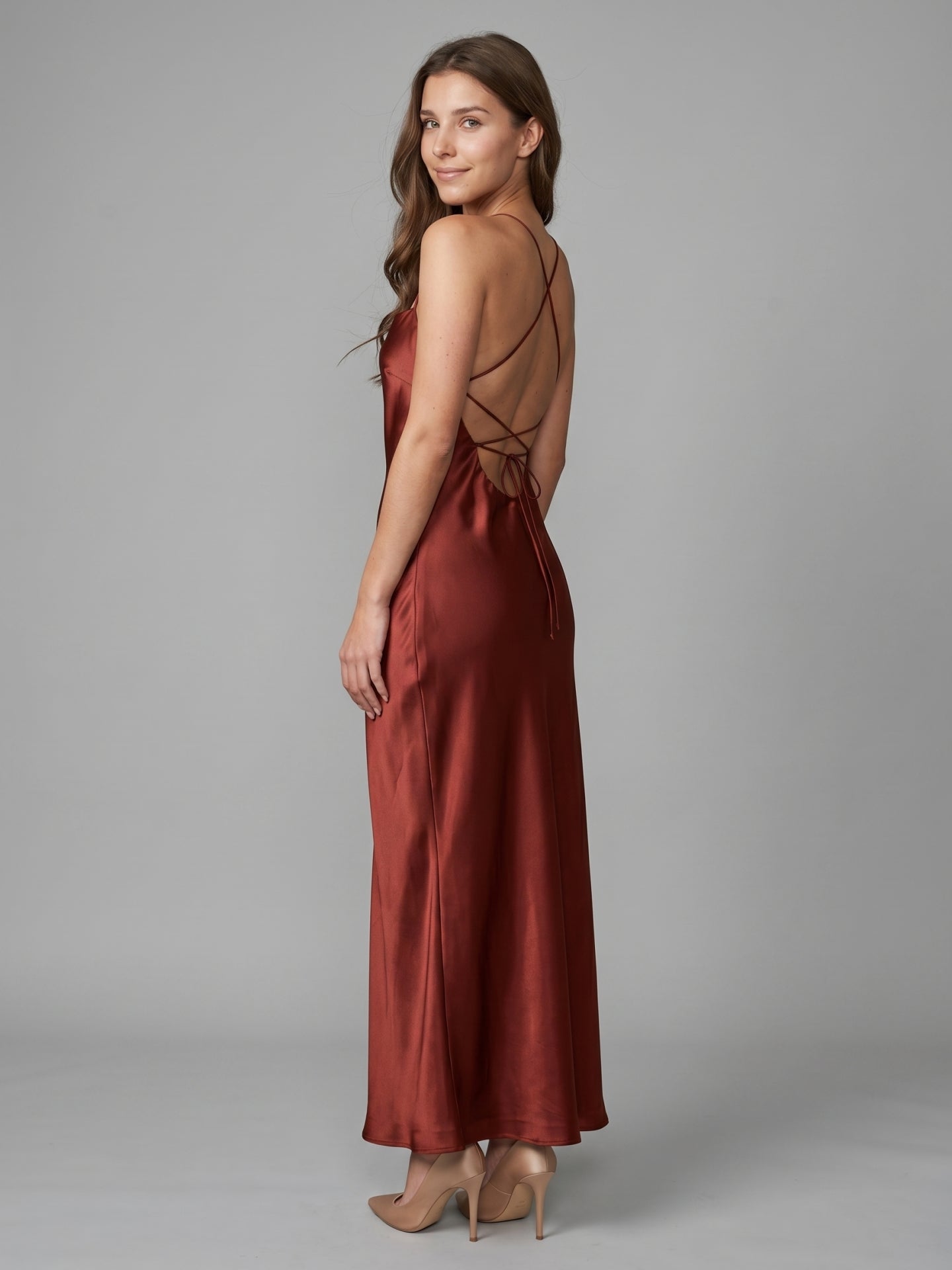 Wine Satin Sheath Square Neck Criss-Cross Straps Ankle-Length Bridesmaid Dress
