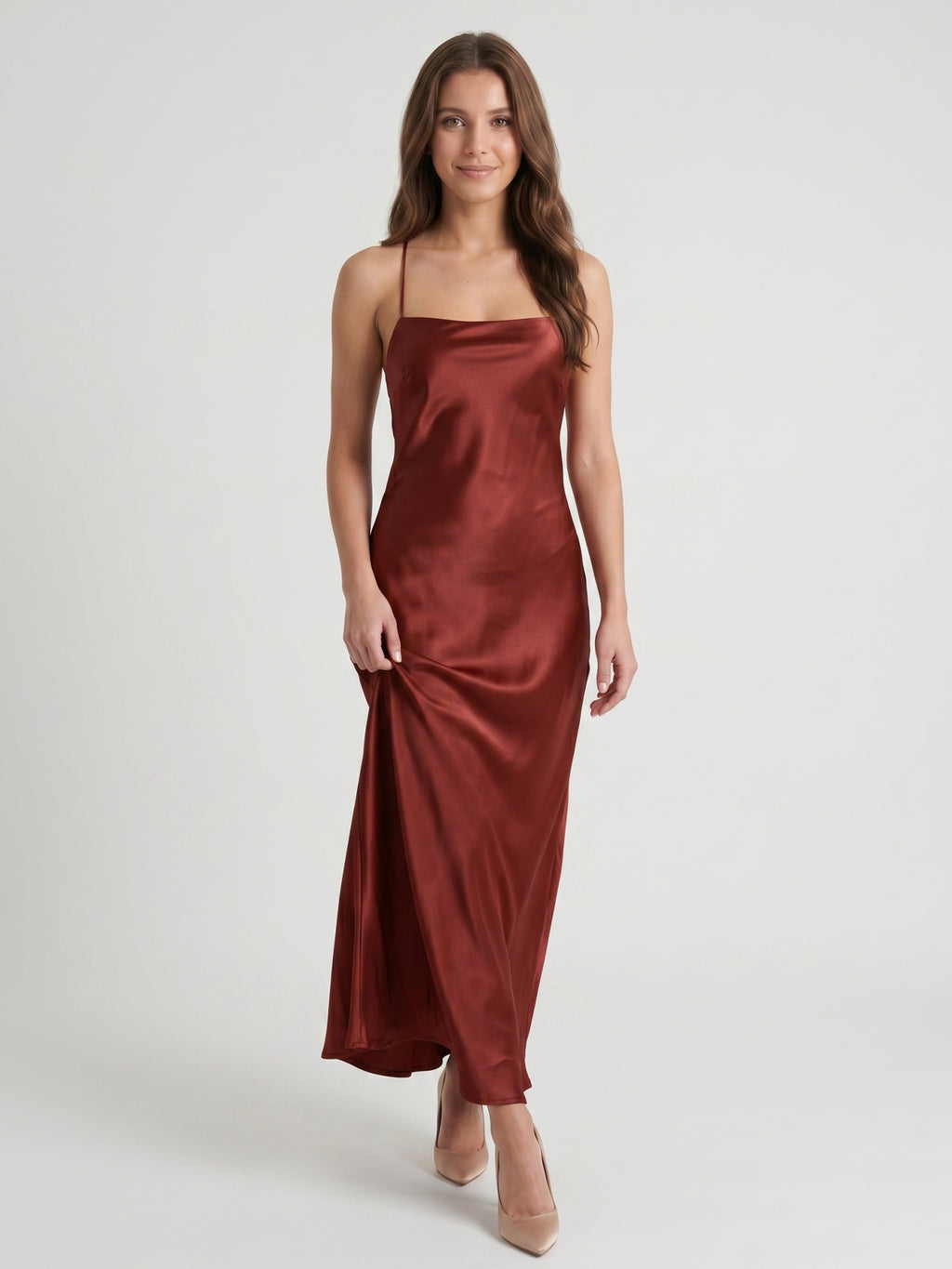 Wine Satin Sheath Square Neck Criss-Cross Straps Ankle-Length Bridesmaid Dress