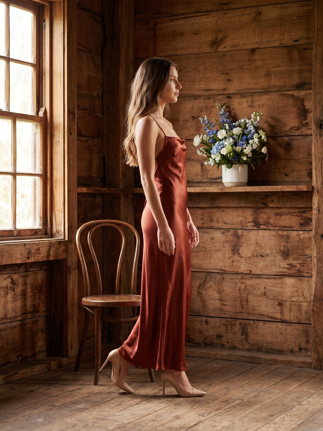 Wine Satin Sheath Square Neck Criss-Cross Straps Ankle-Length Bridesmaid Dress
