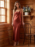 Wine Satin Sheath Square Neck Criss-Cross Straps Ankle-Length Bridesmaid Dress