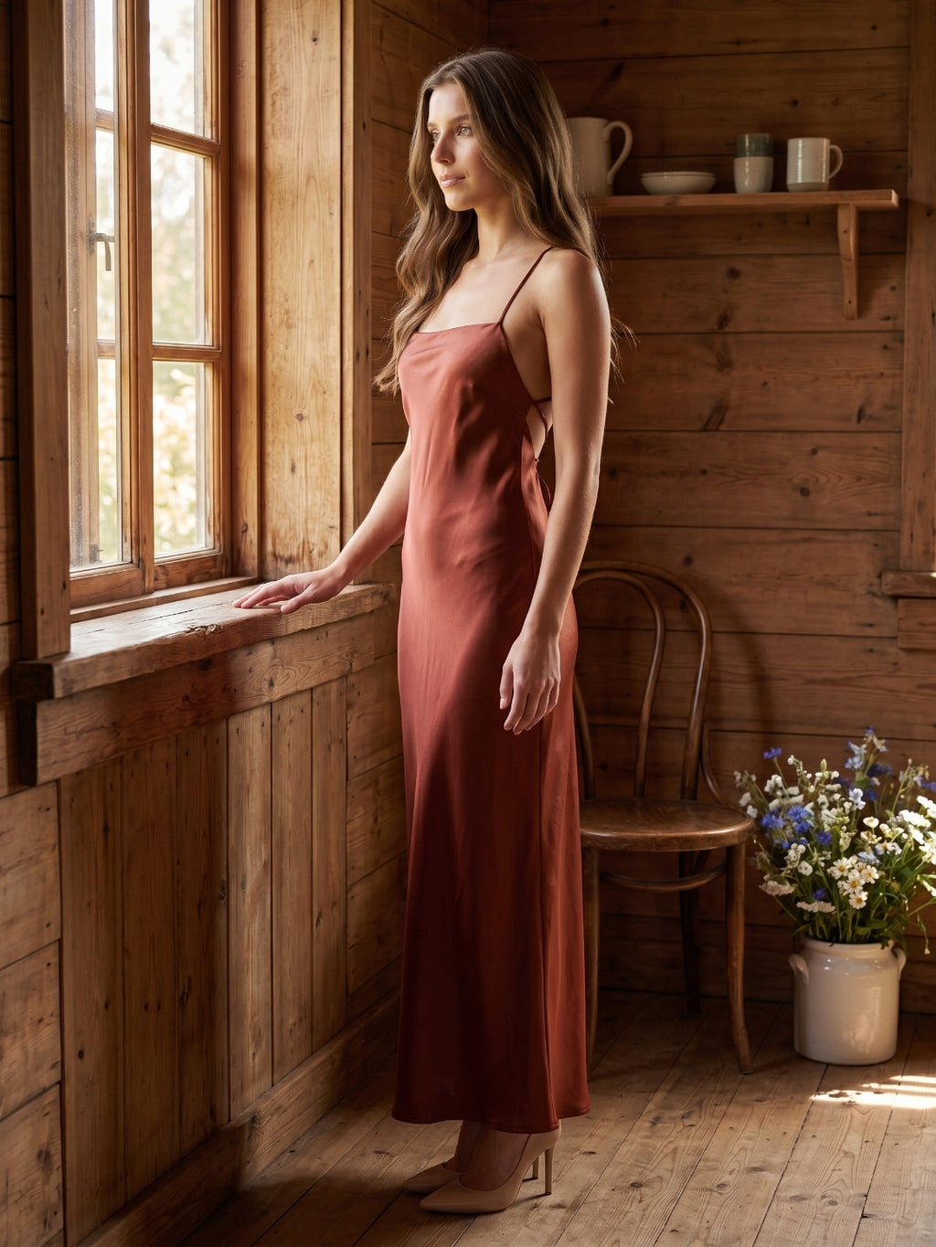 Wine Satin Sheath Square Neck Criss-Cross Straps Ankle-Length Bridesmaid Dress