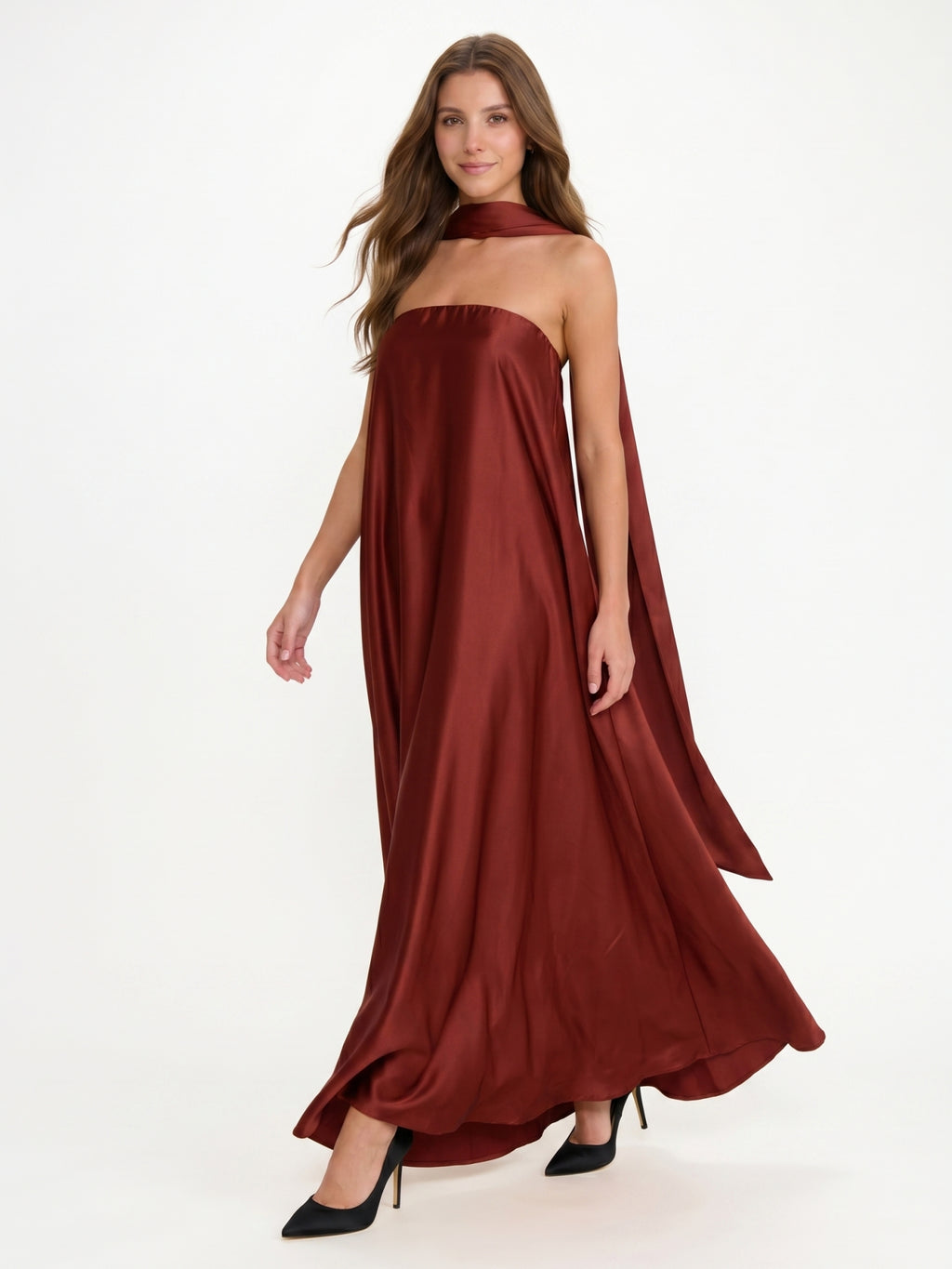 Wine Satin Sheath Straight Neck Off-the-Shoulder Bridesmaid Dress with Cape