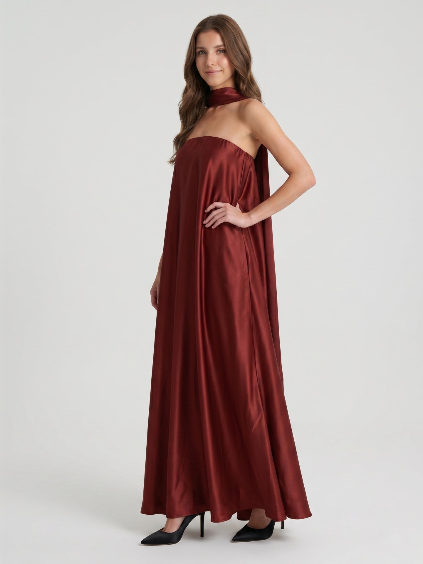 Wine Satin Sheath Straight Neck Off-the-Shoulder Bridesmaid Dress with Cape