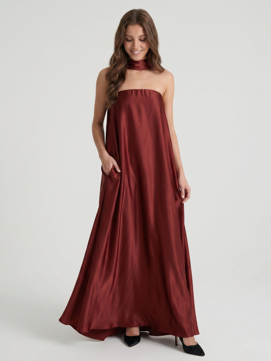 Wine Satin Sheath Straight Neck Off-the-Shoulder Bridesmaid Dress with Cape