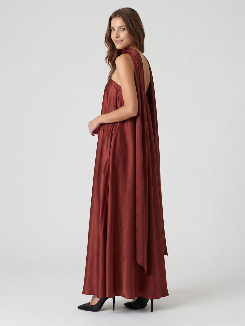 Wine Satin Sheath Straight Neck Off-the-Shoulder Bridesmaid Dress with Cape