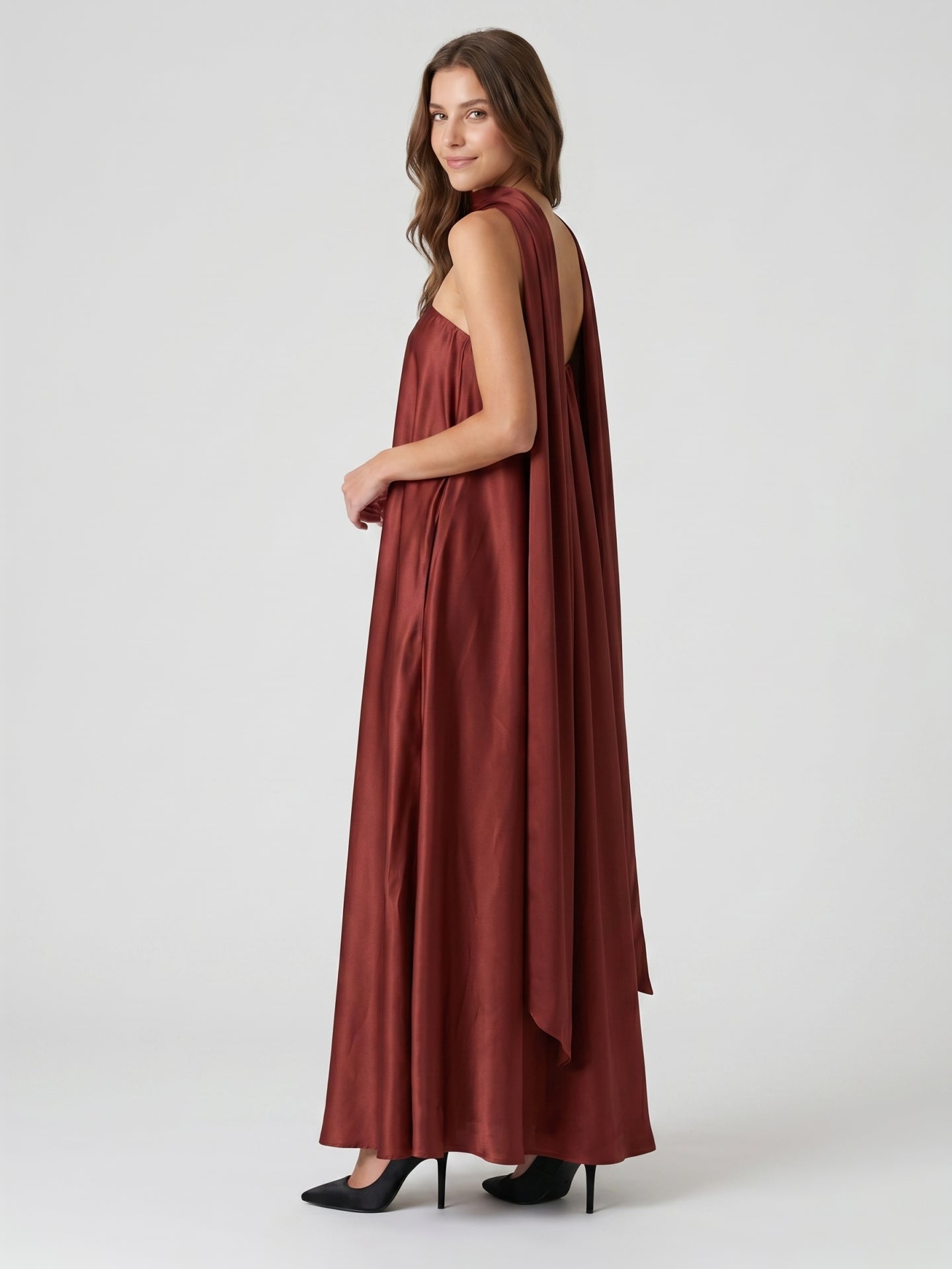 Wine Satin Sheath Straight Neck Off-the-Shoulder Bridesmaid Dress with Cape