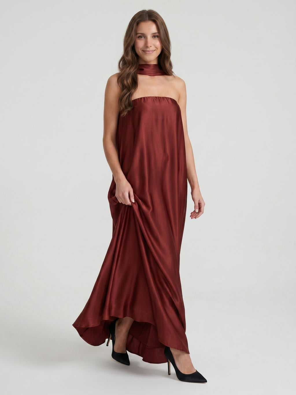 Wine Satin Sheath Straight Neck Off-the-Shoulder Bridesmaid Dress with Cape