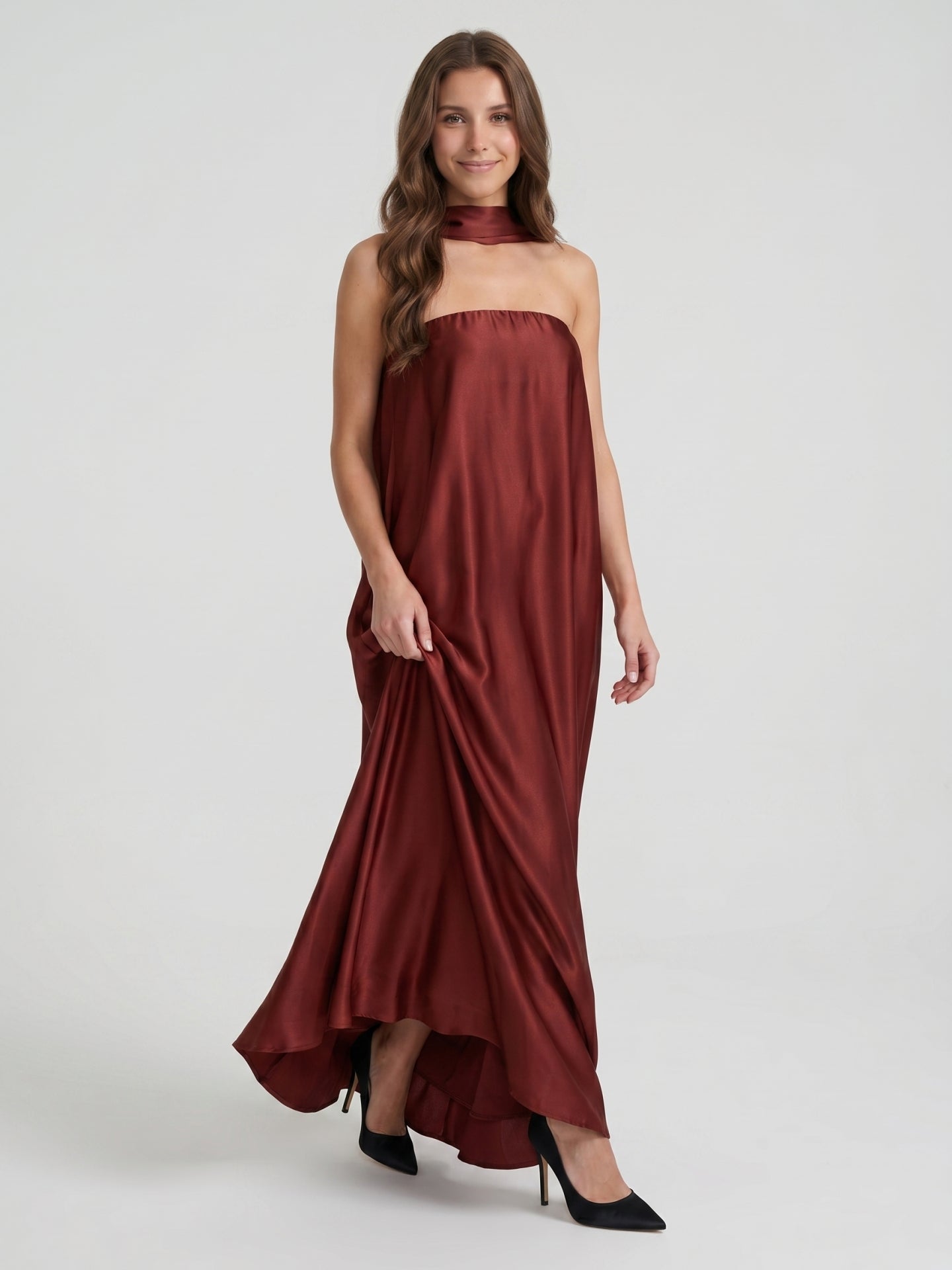 Wine Satin Sheath Straight Neck Off-the-Shoulder Bridesmaid Dress with Cape