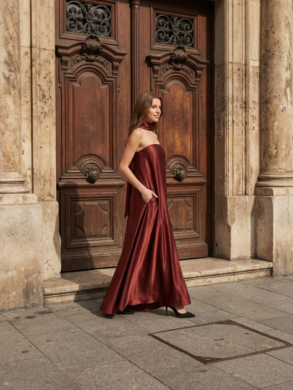 Wine Satin Sheath Straight Neck Off-the-Shoulder Bridesmaid Dress with Cape