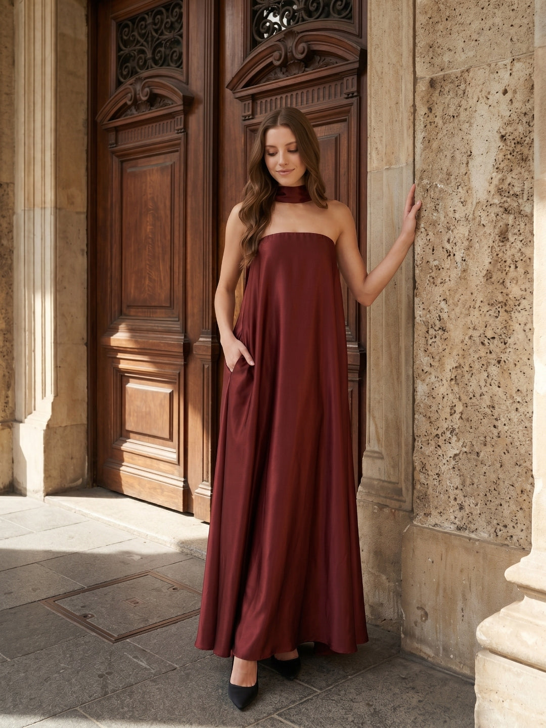 Wine Satin Sheath Straight Neck Off-the-Shoulder Bridesmaid Dress with Cape