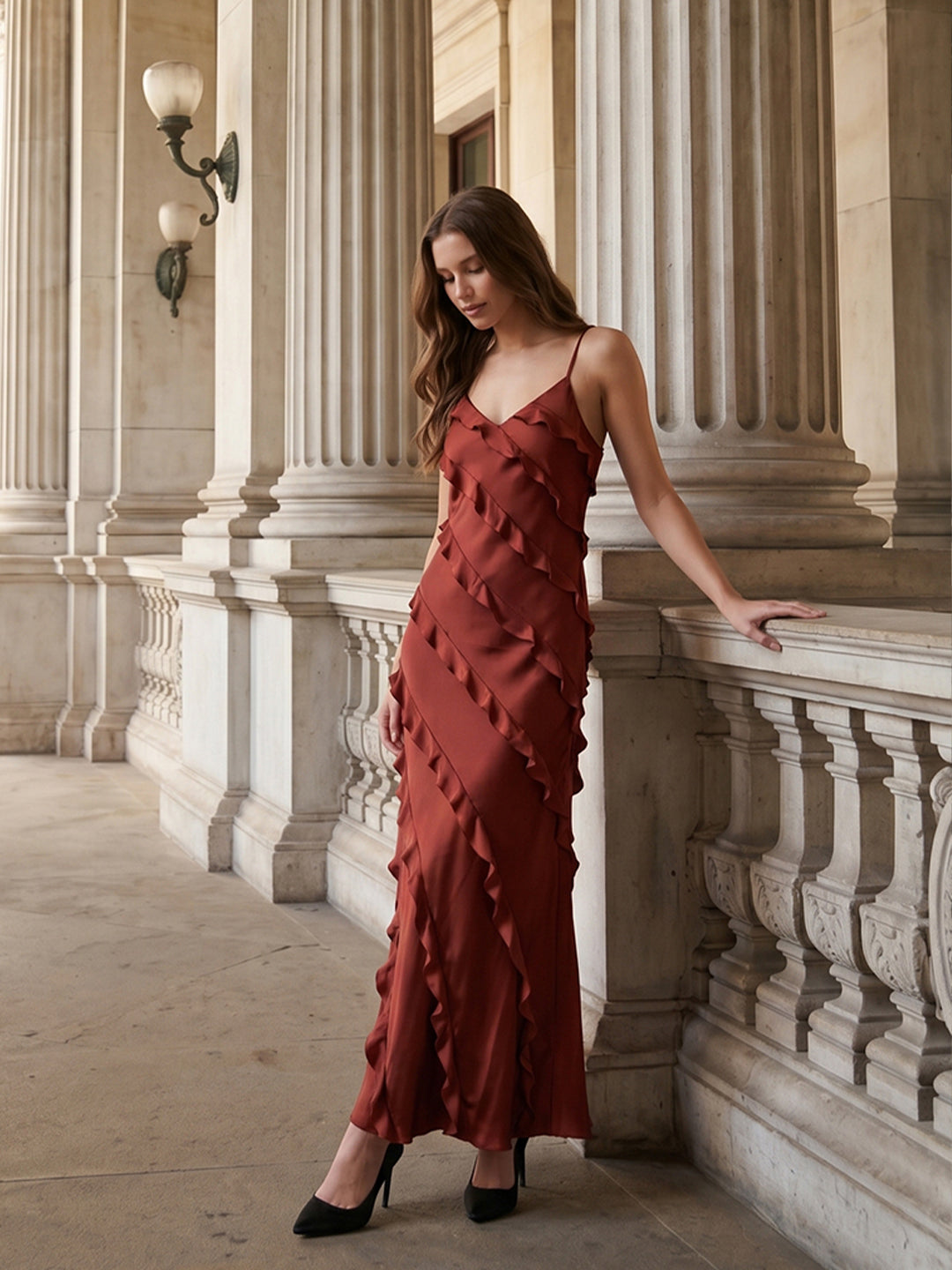 Wine Satin Sheath V-Neck Backless Floor-Length Bridesmaid Dress with Cascading Ruffles