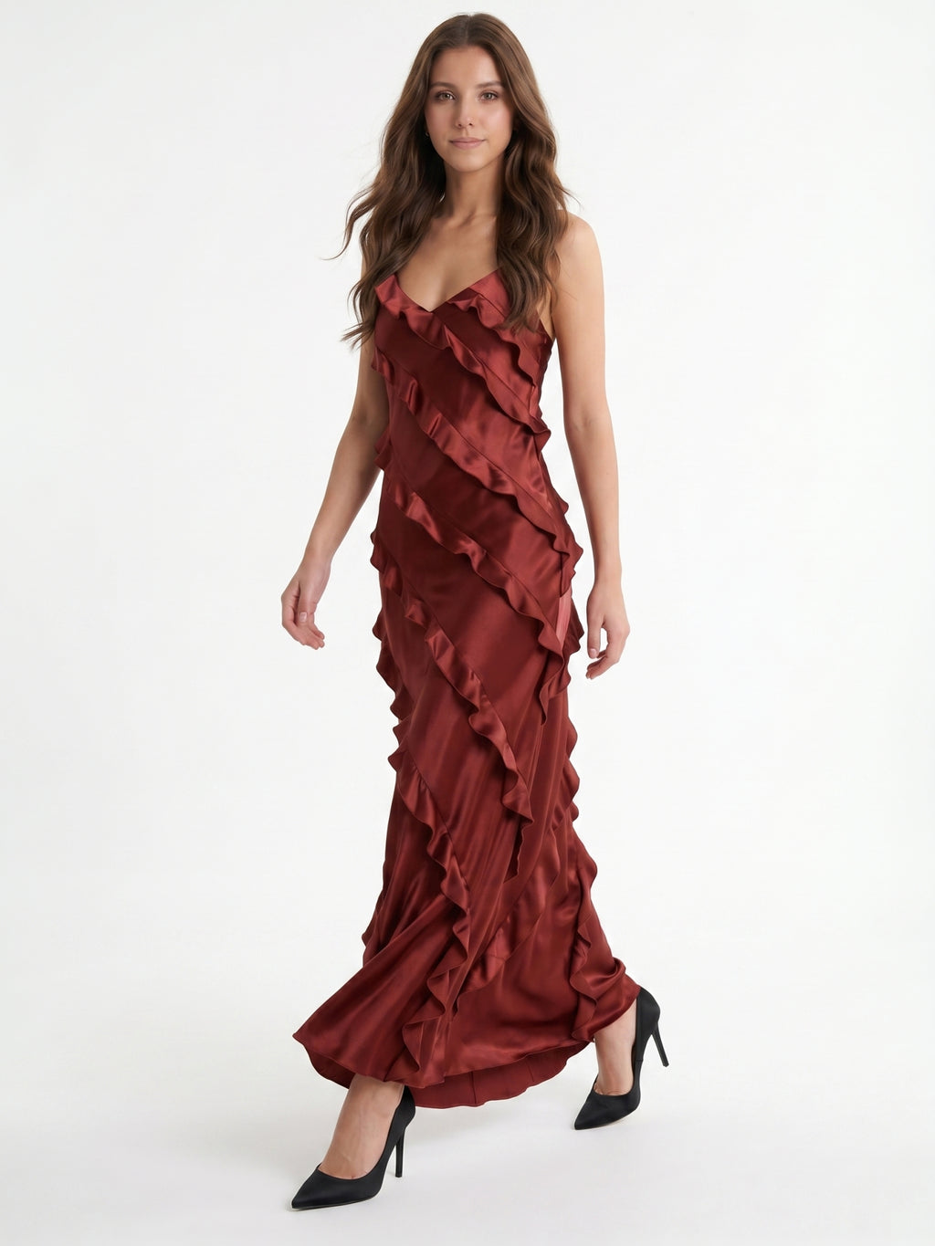 Wine Satin Sheath V-Neck Backless Floor-Length Bridesmaid Dress with Cascading Ruffles