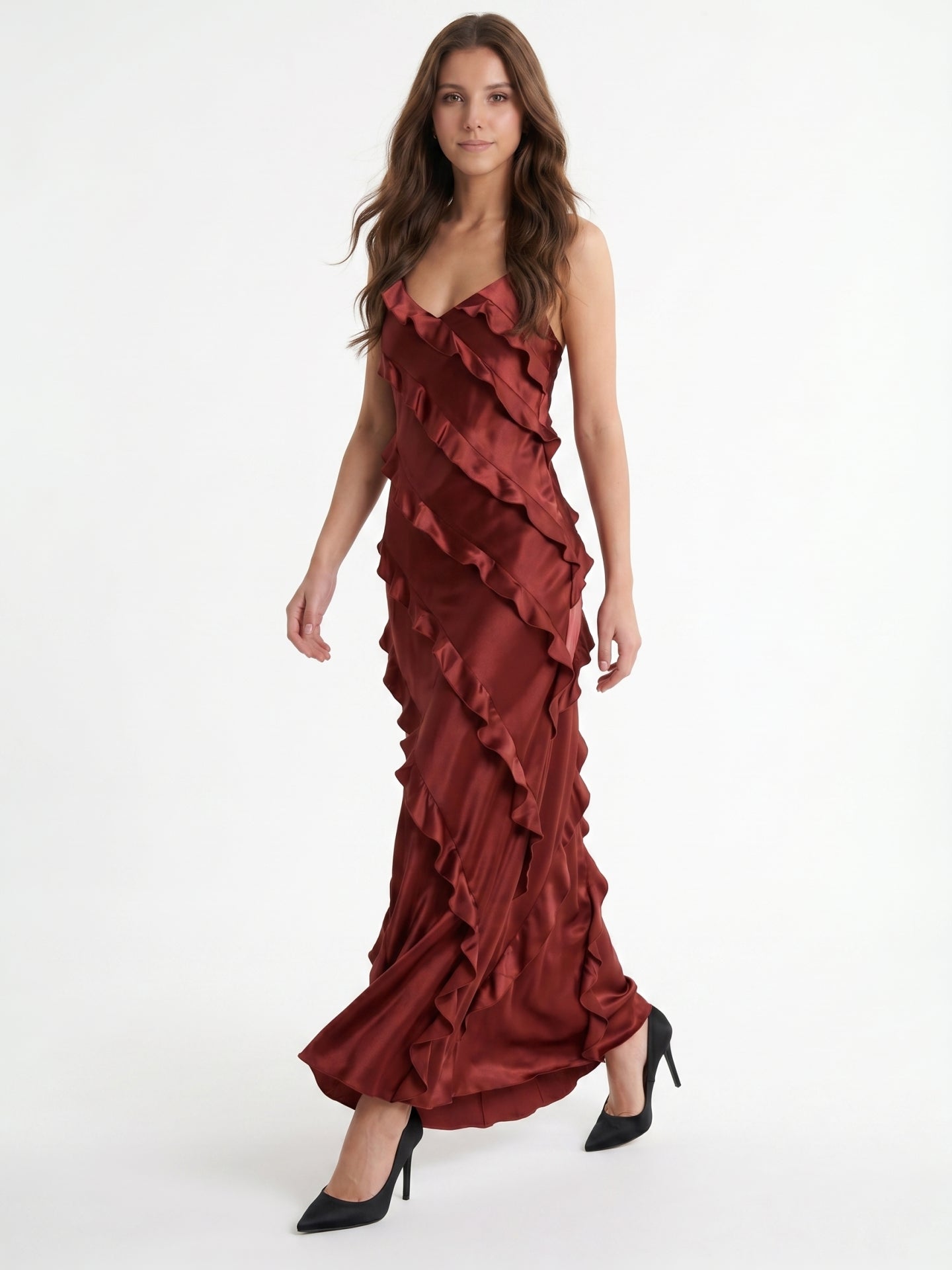 Wine Satin Sheath V-Neck Backless Floor-Length Bridesmaid Dress with Cascading Ruffles
