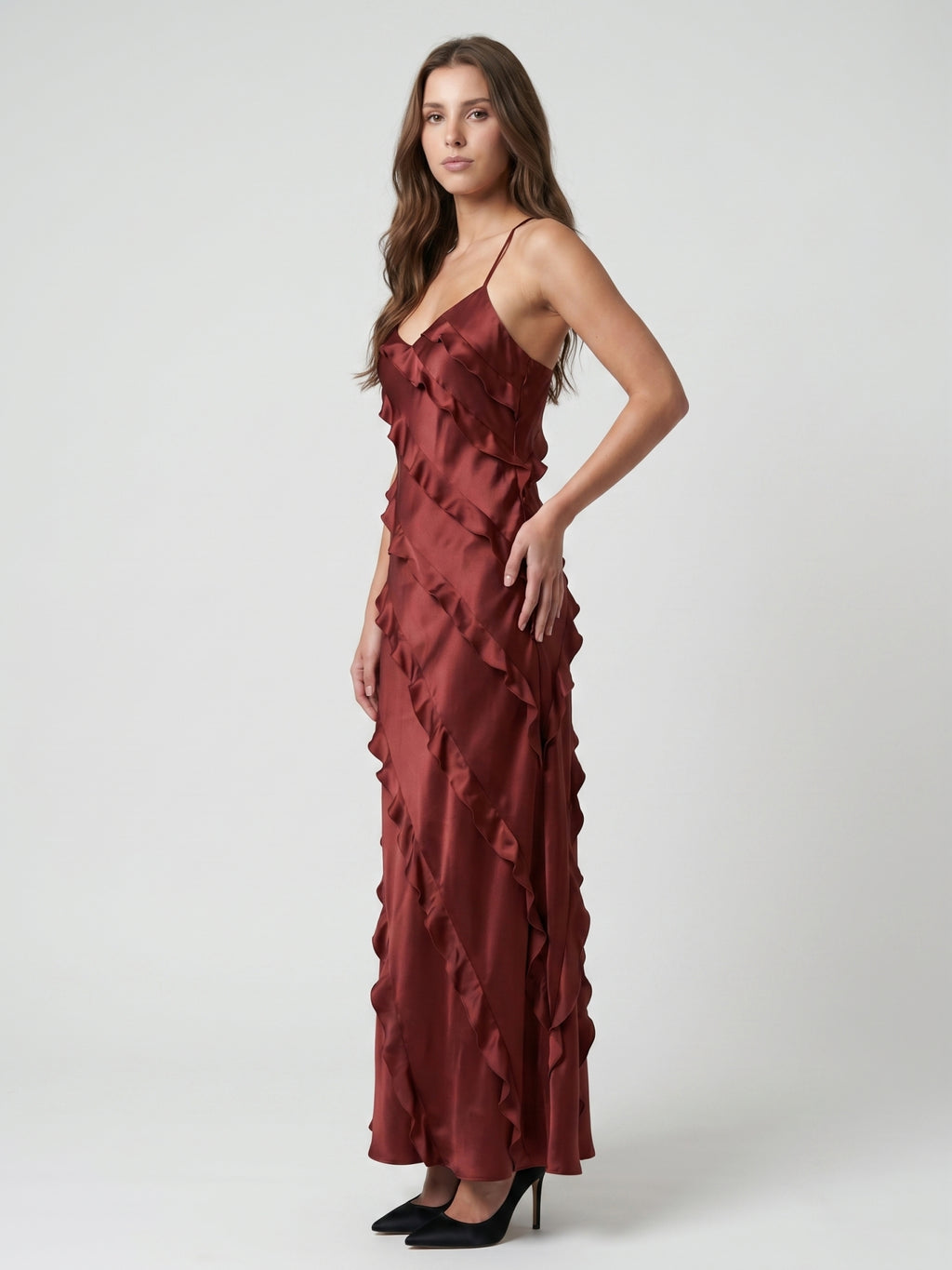 Wine Satin Sheath V-Neck Backless Floor-Length Bridesmaid Dress with Cascading Ruffles