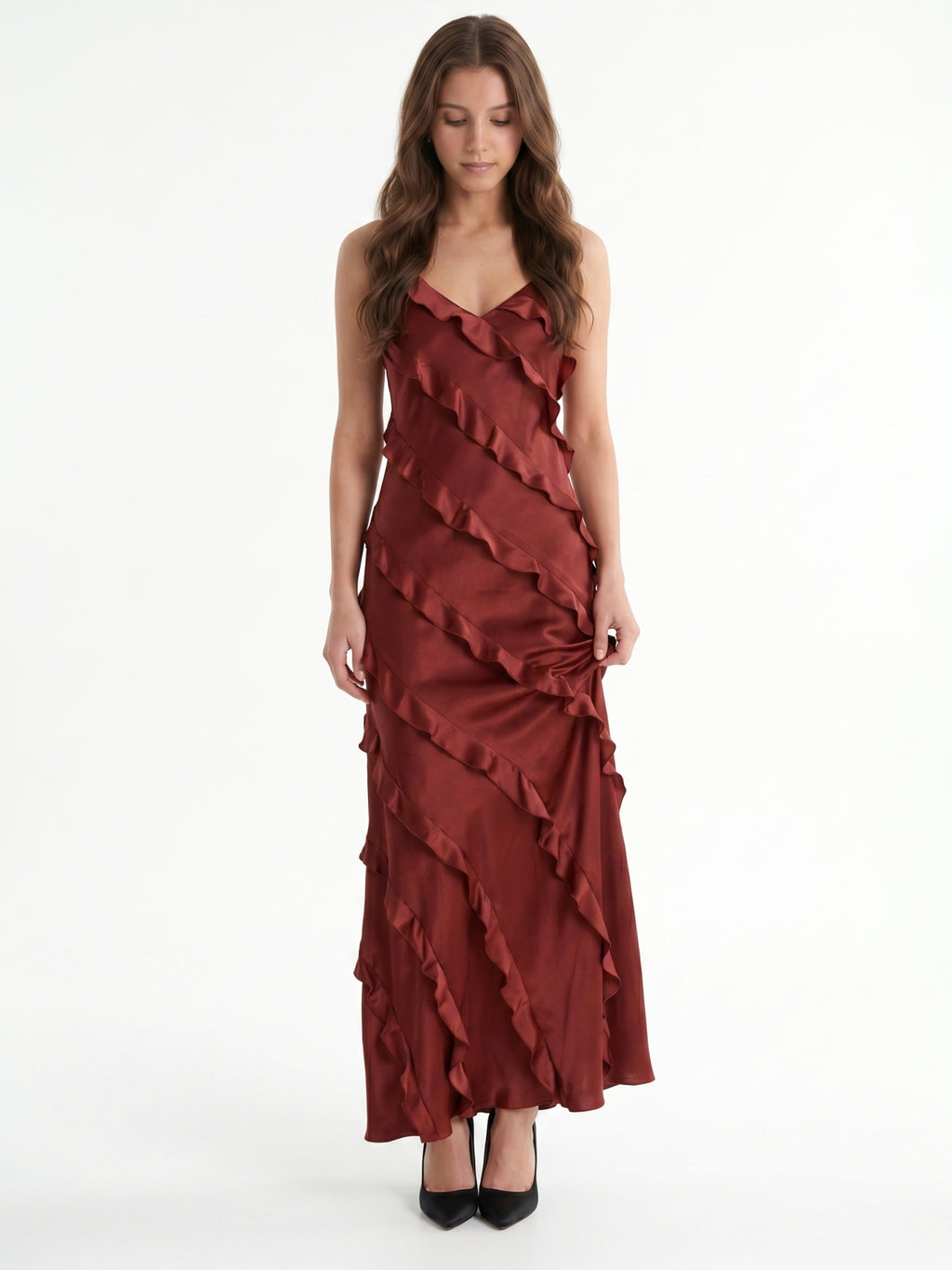 Wine Satin Sheath V-Neck Backless Floor-Length Bridesmaid Dress with Cascading Ruffles