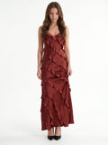 Wine Satin Sheath V-Neck Backless Floor-Length Bridesmaid Dress with Cascading Ruffles