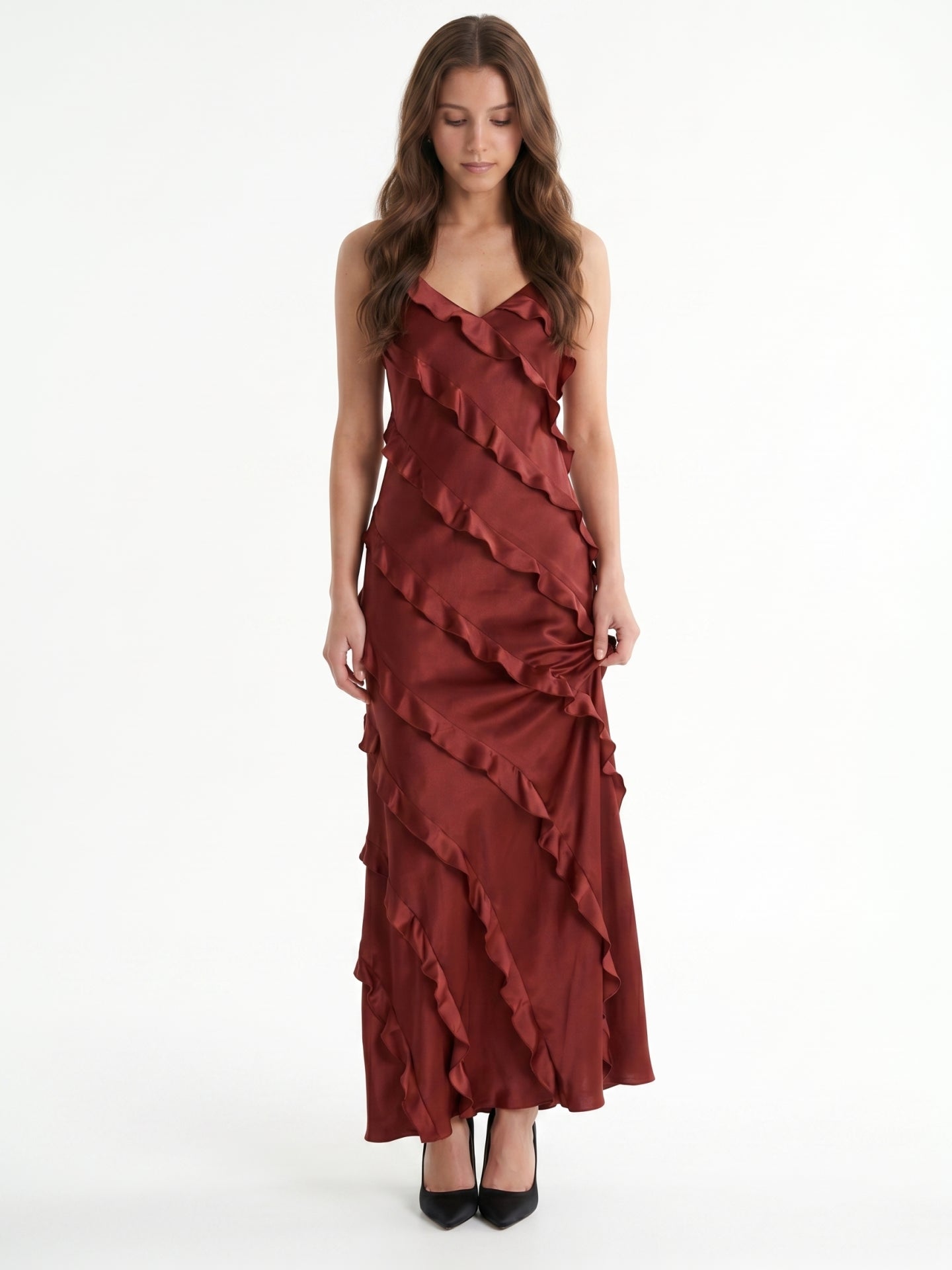 Wine Satin Sheath V-Neck Backless Floor-Length Bridesmaid Dress with Cascading Ruffles