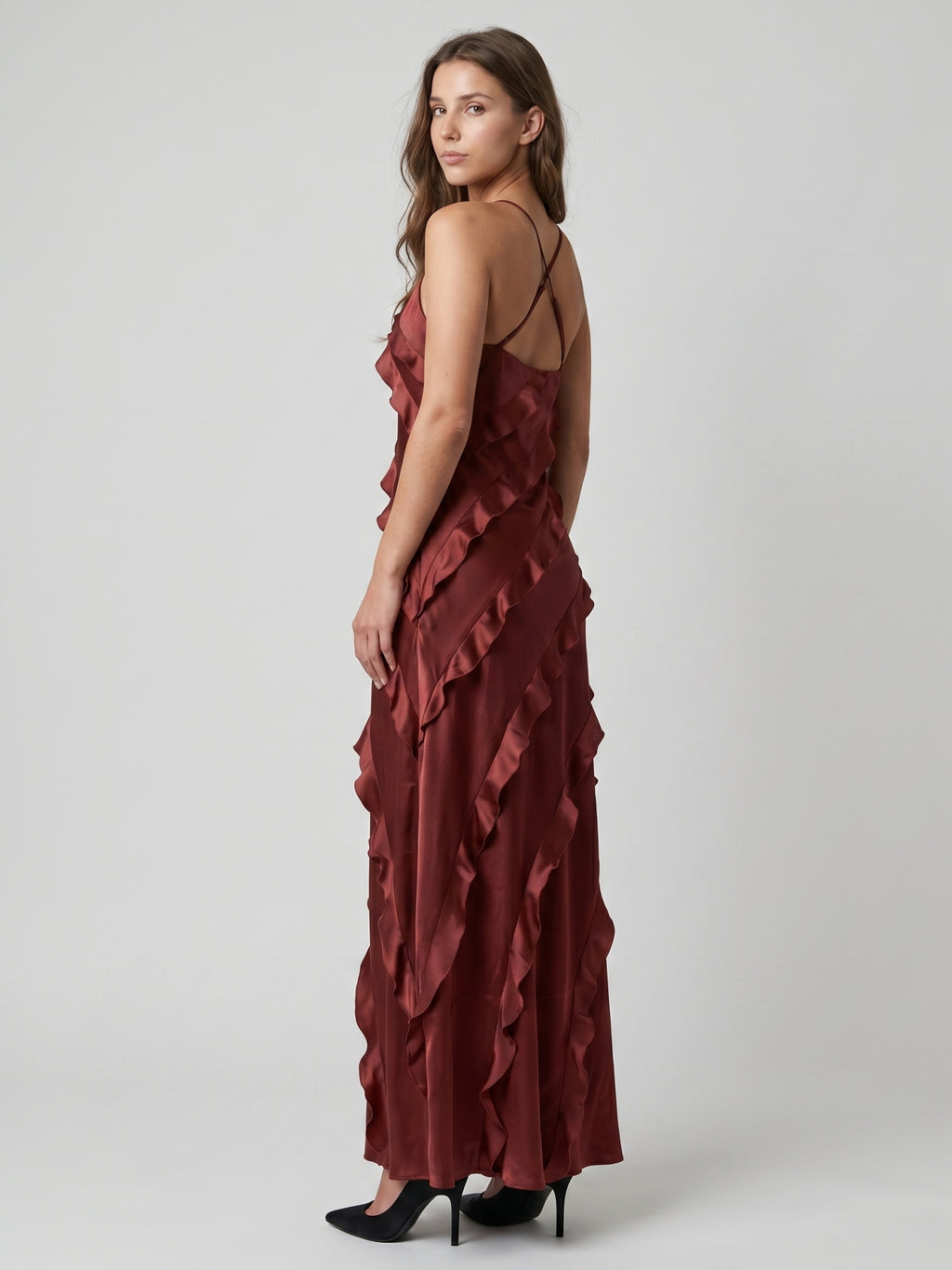 Wine Satin Sheath V-Neck Backless Floor-Length Bridesmaid Dress with Cascading Ruffles
