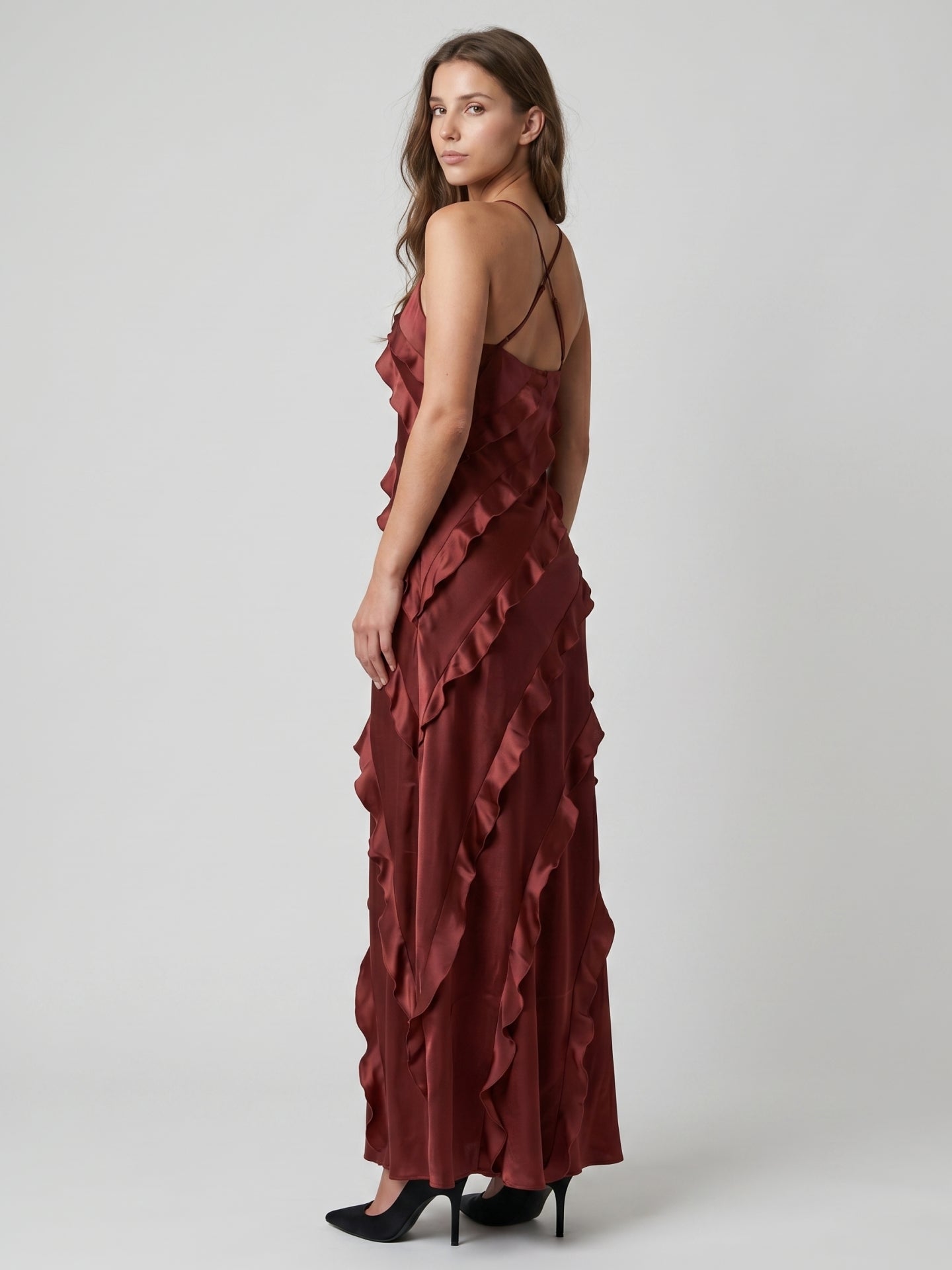 Wine Satin Sheath V-Neck Backless Floor-Length Bridesmaid Dress with Cascading Ruffles