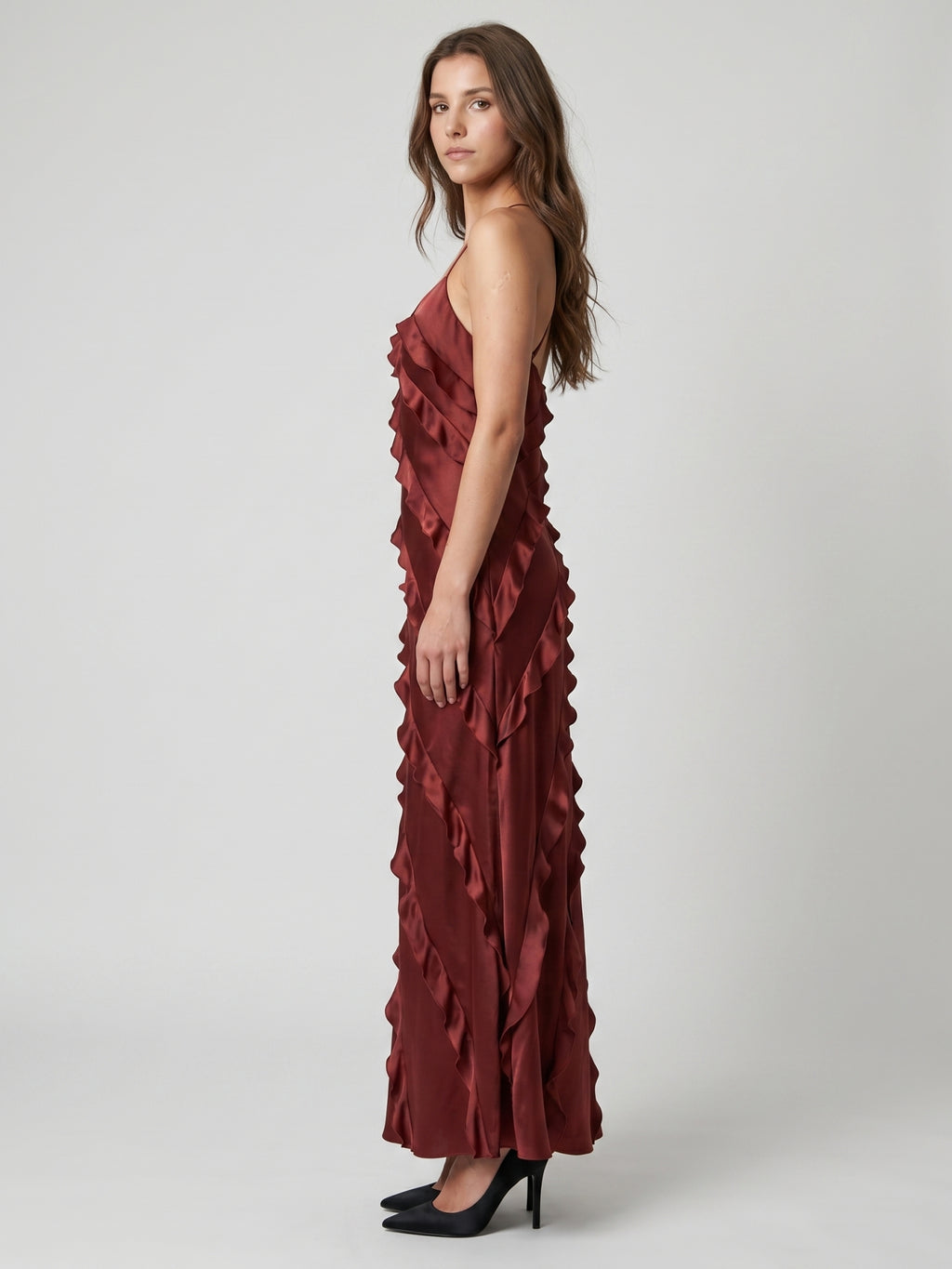 Wine Satin Sheath V-Neck Backless Floor-Length Bridesmaid Dress with Cascading Ruffles