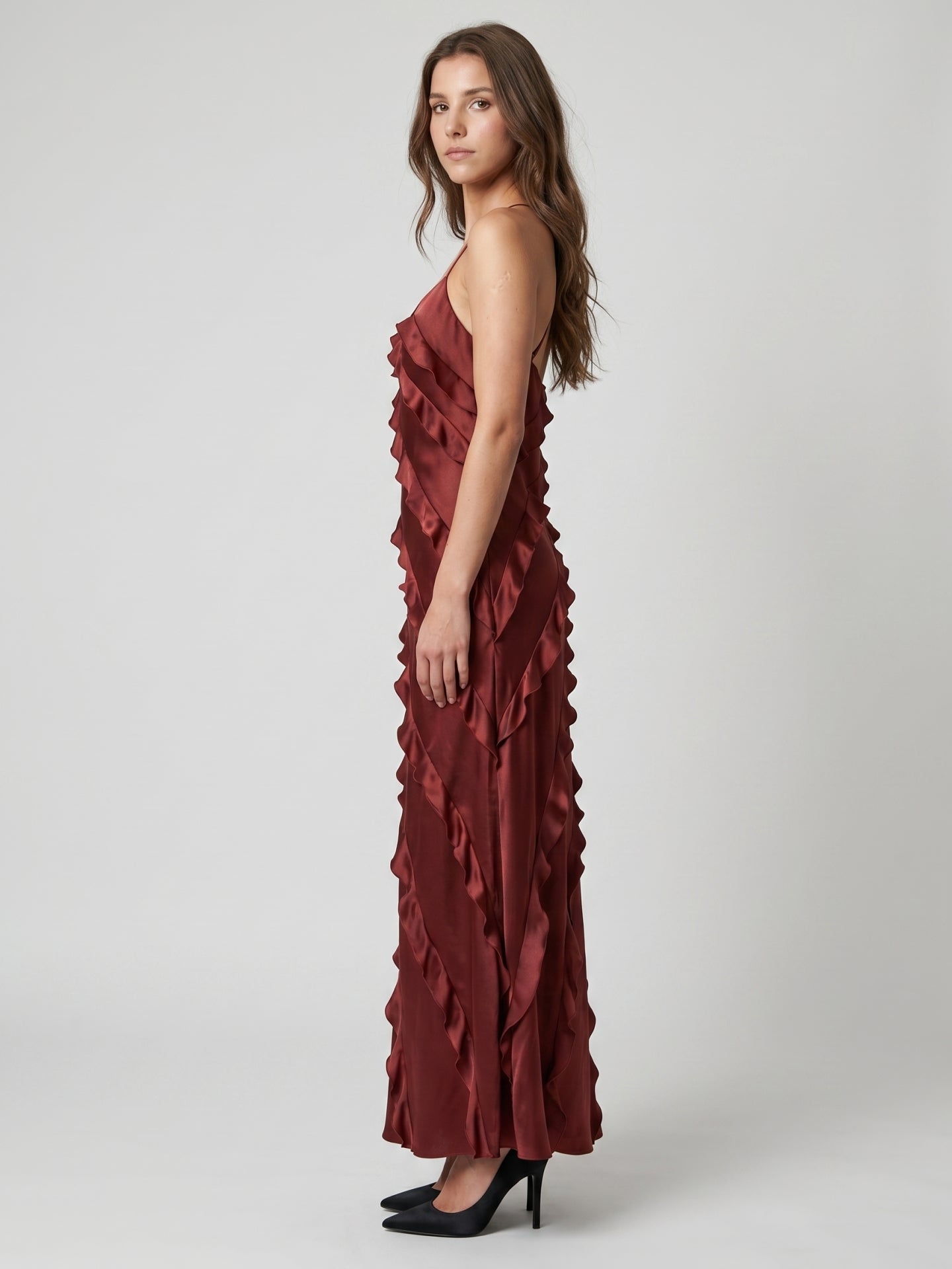 Wine Satin Sheath V-Neck Backless Floor-Length Bridesmaid Dress with Cascading Ruffles
