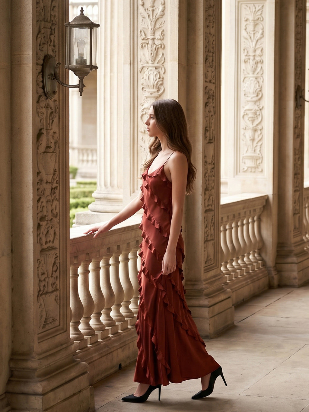 Wine Satin Sheath V-Neck Backless Floor-Length Bridesmaid Dress with Cascading Ruffles