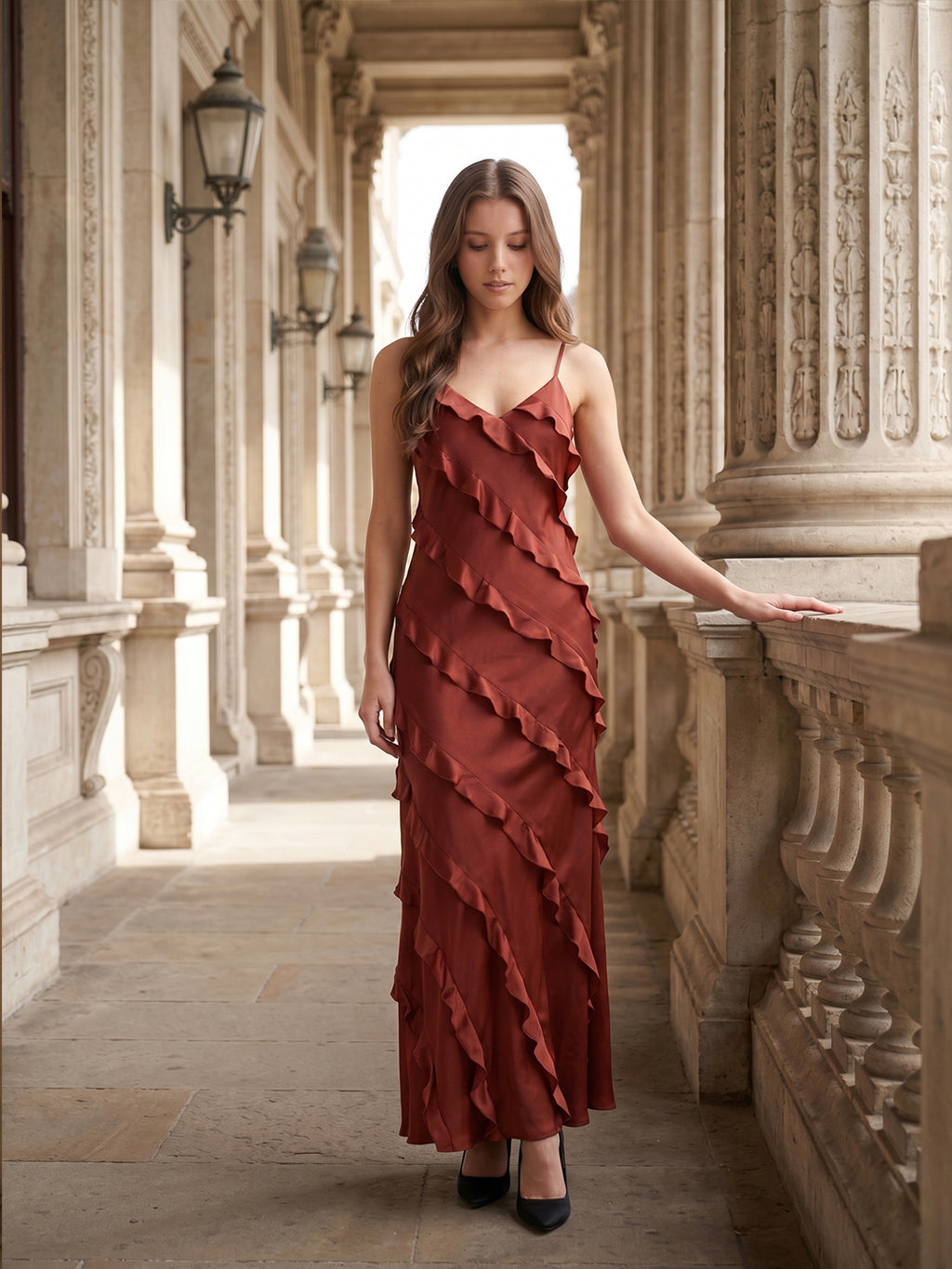 Wine Satin Sheath V-Neck Backless Floor-Length Bridesmaid Dress with Cascading Ruffles
