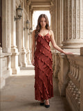 Wine Satin Sheath V-Neck Backless Floor-Length Bridesmaid Dress with Cascading Ruffles