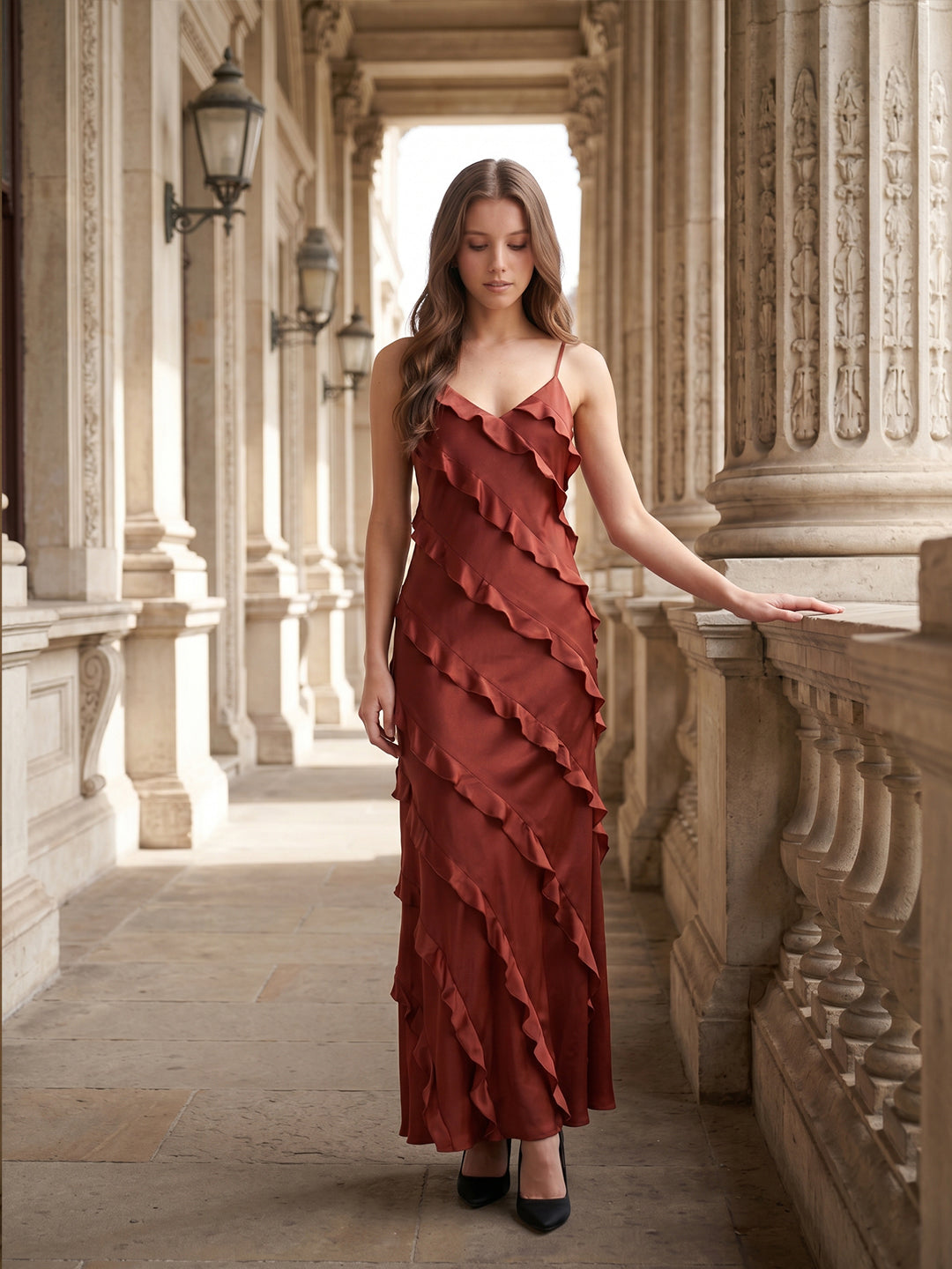 Wine Satin Sheath V-Neck Backless Floor-Length Bridesmaid Dress with Cascading Ruffles