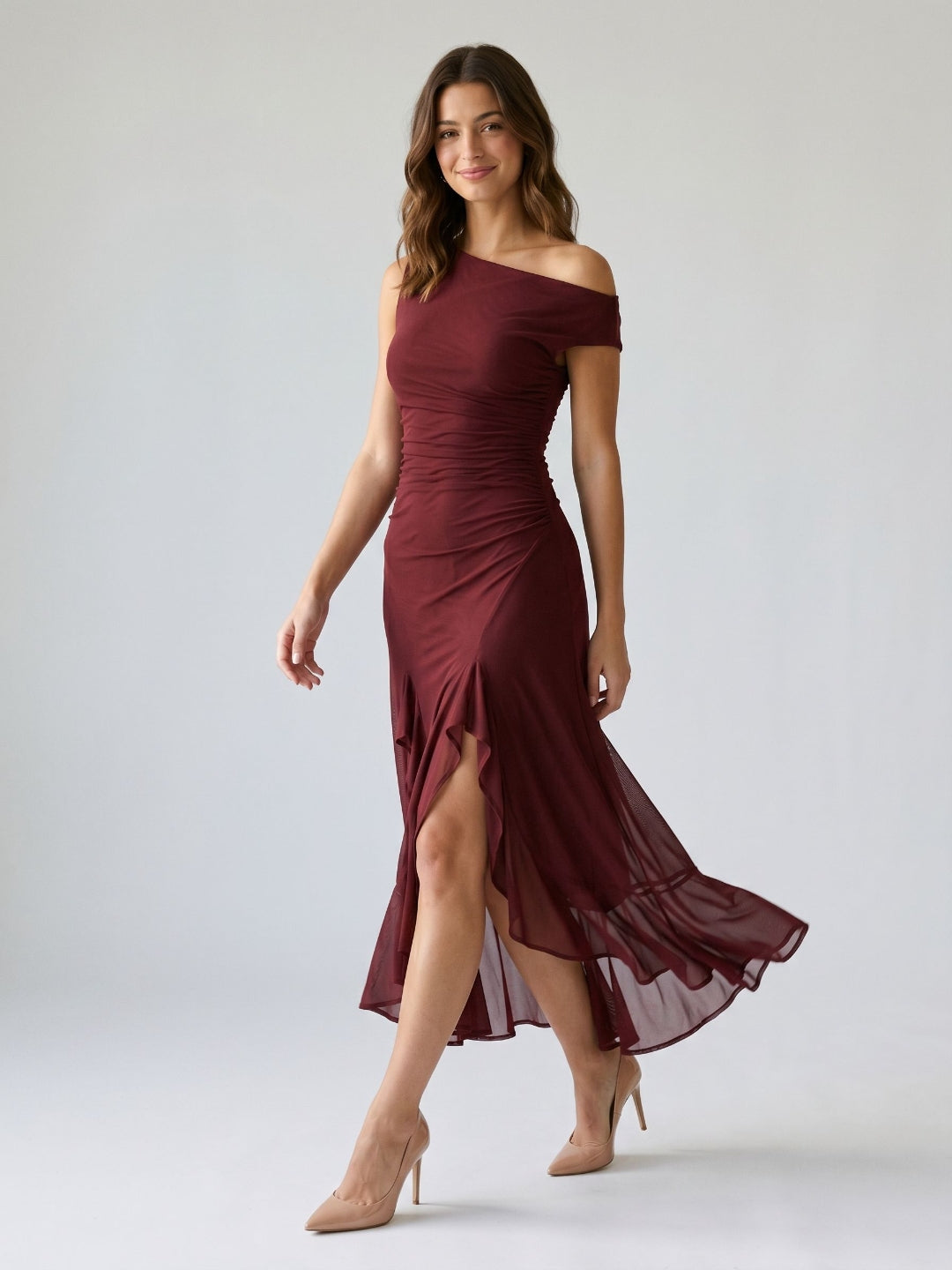 Wine Tulle Trumpet Scoop Neck Side Zip Ankle-Length Evening Dress with Ruffles