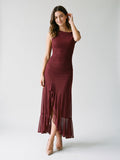 Wine Tulle Trumpet Scoop Neck Side Zip Ankle-Length Evening Dress with Ruffles
