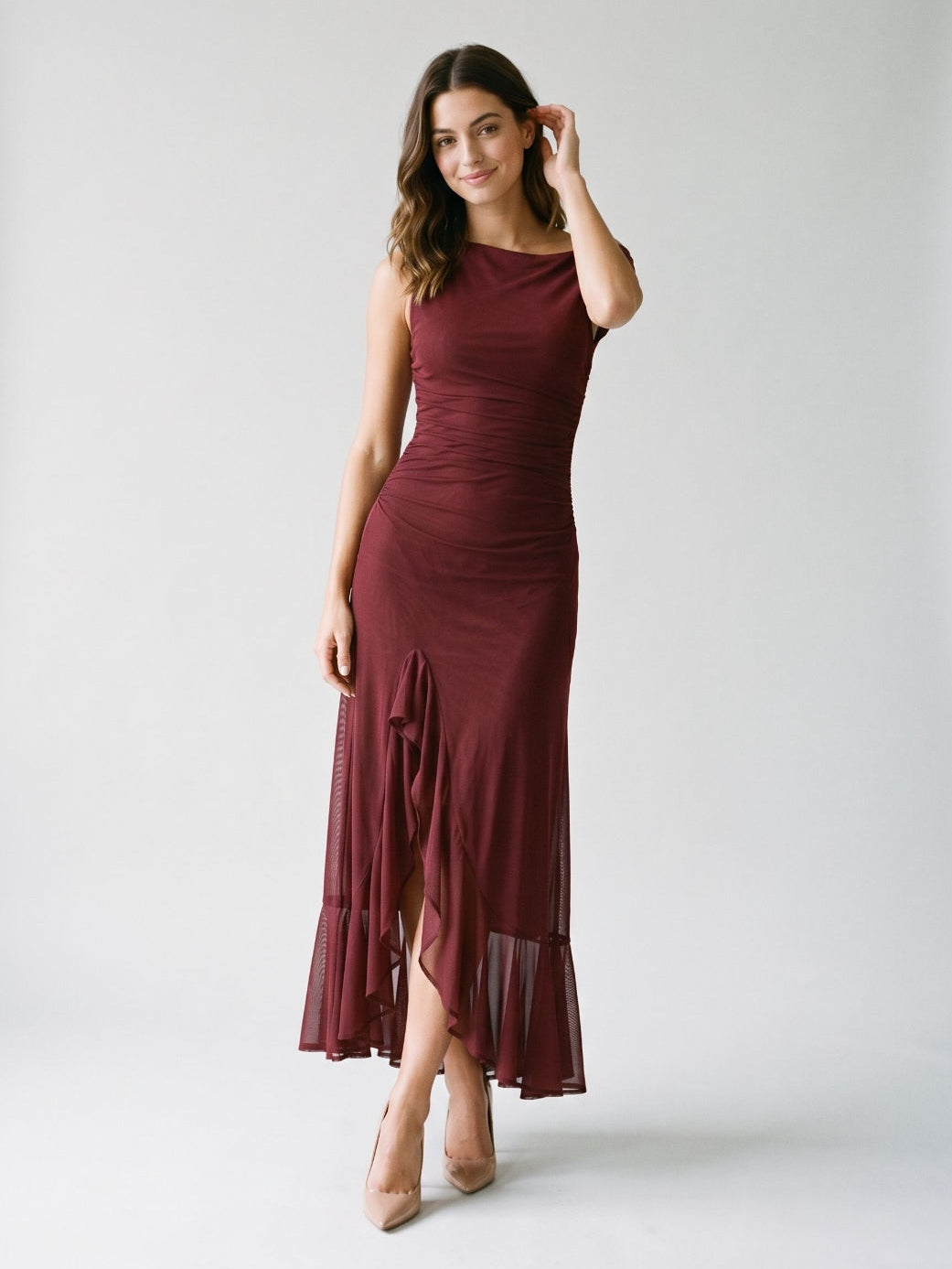 Wine Tulle Trumpet Scoop Neck Side Zip Ankle-Length Evening Dress with Ruffles