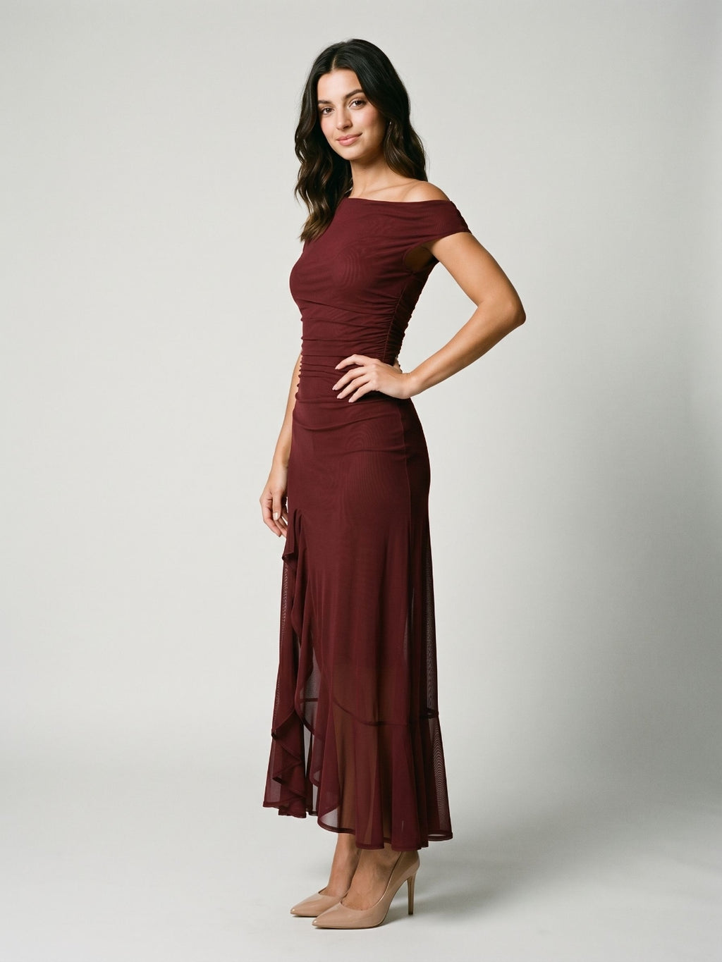Wine Tulle Trumpet Scoop Neck Side Zip Ankle-Length Evening Dress with Ruffles