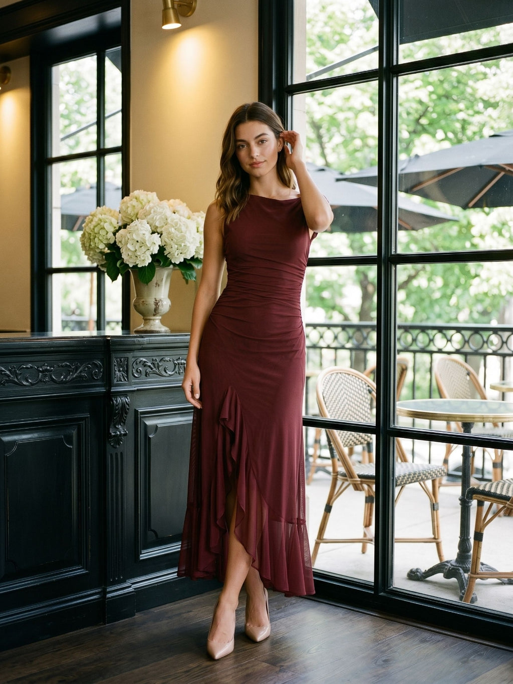 Wine Tulle Trumpet Scoop Neck Side Zip Ankle-Length Evening Dress with Ruffles