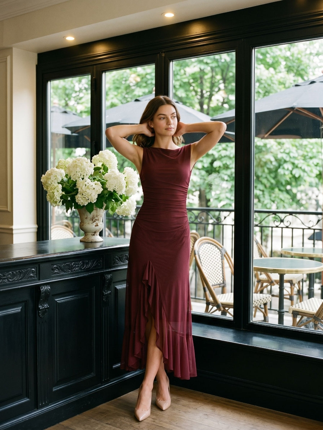 Wine Tulle Trumpet Scoop Neck Side Zip Ankle-Length Evening Dress with Ruffles