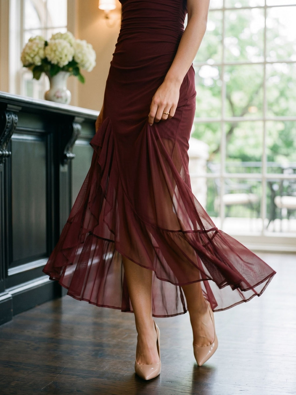 Wine Tulle Trumpet Scoop Neck Side Zip Ankle-Length Evening Dress with Ruffles