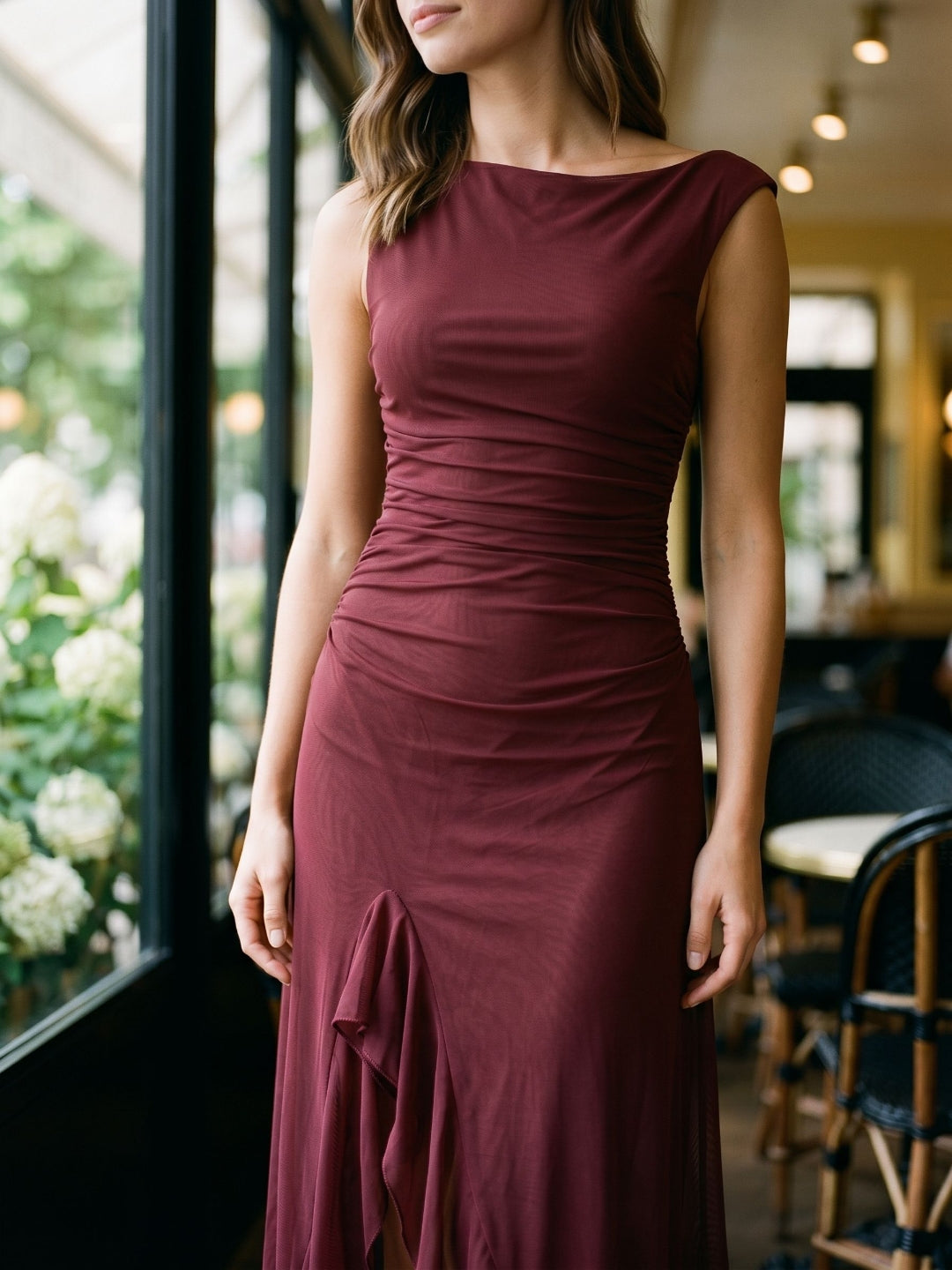 Wine Tulle Trumpet Scoop Neck Side Zip Ankle-Length Evening Dress with Ruffles