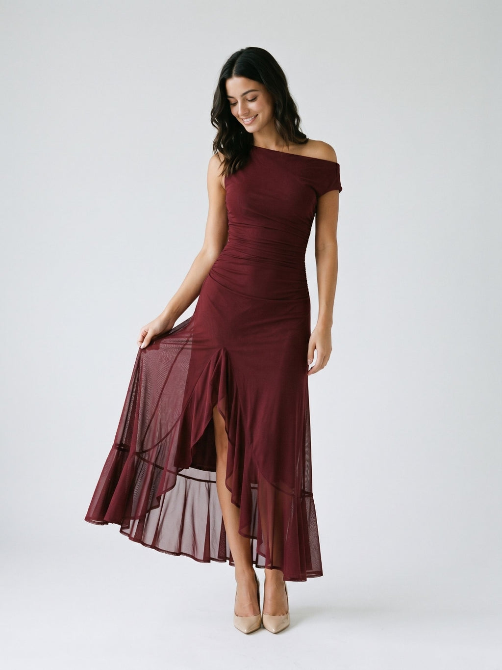 Wine Tulle Trumpet Scoop Neck Side Zip Ankle-Length Evening Dress with Ruffles