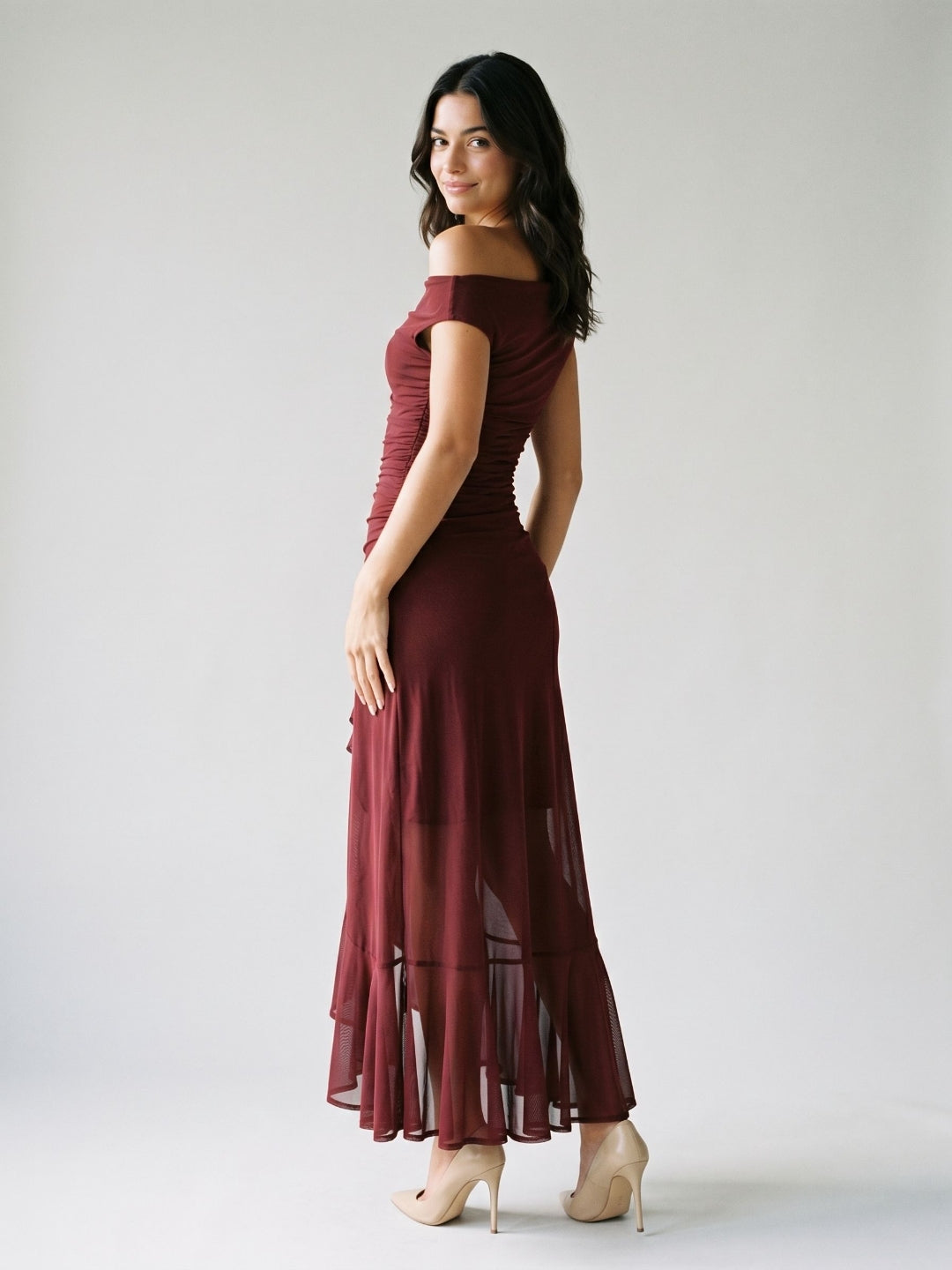 Wine Tulle Trumpet Scoop Neck Side Zip Ankle-Length Evening Dress with Ruffles