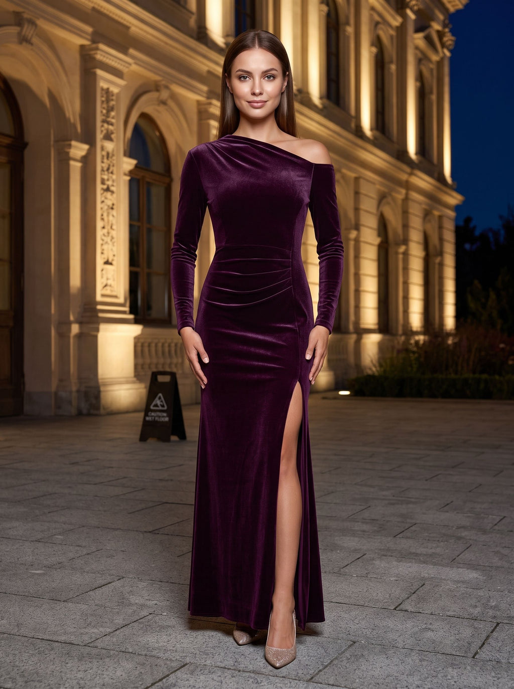 Wine Velvet Sheath Off-the-Shoulder Back Zip Floor-Length Dress