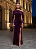 Wine Velvet Sheath Off-the-Shoulder Back Zip Floor-Length Dress