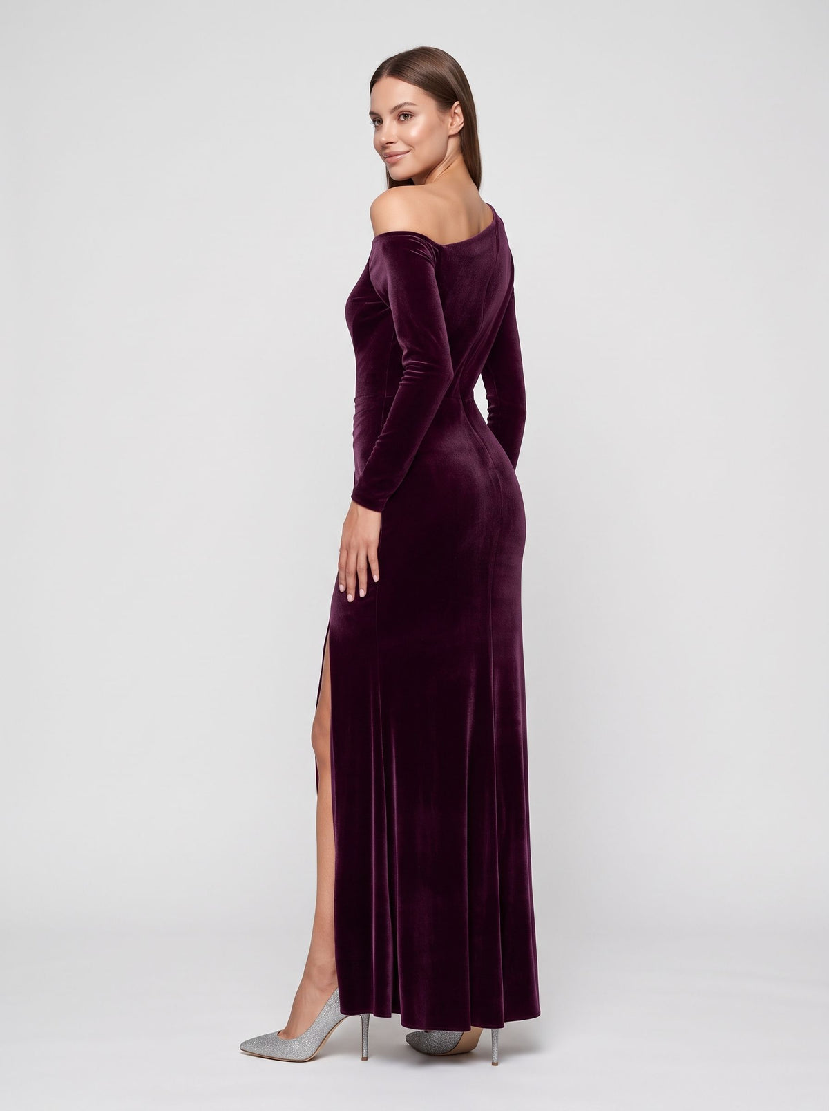 Wine Velvet Sheath Off-the-Shoulder Back Zip Floor-Length Dress