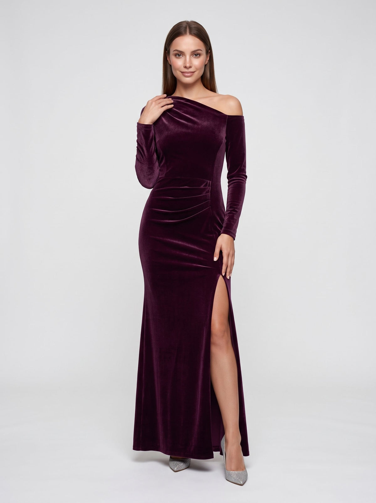Wine Velvet Sheath Off-the-Shoulder Back Zip Floor-Length Dress
