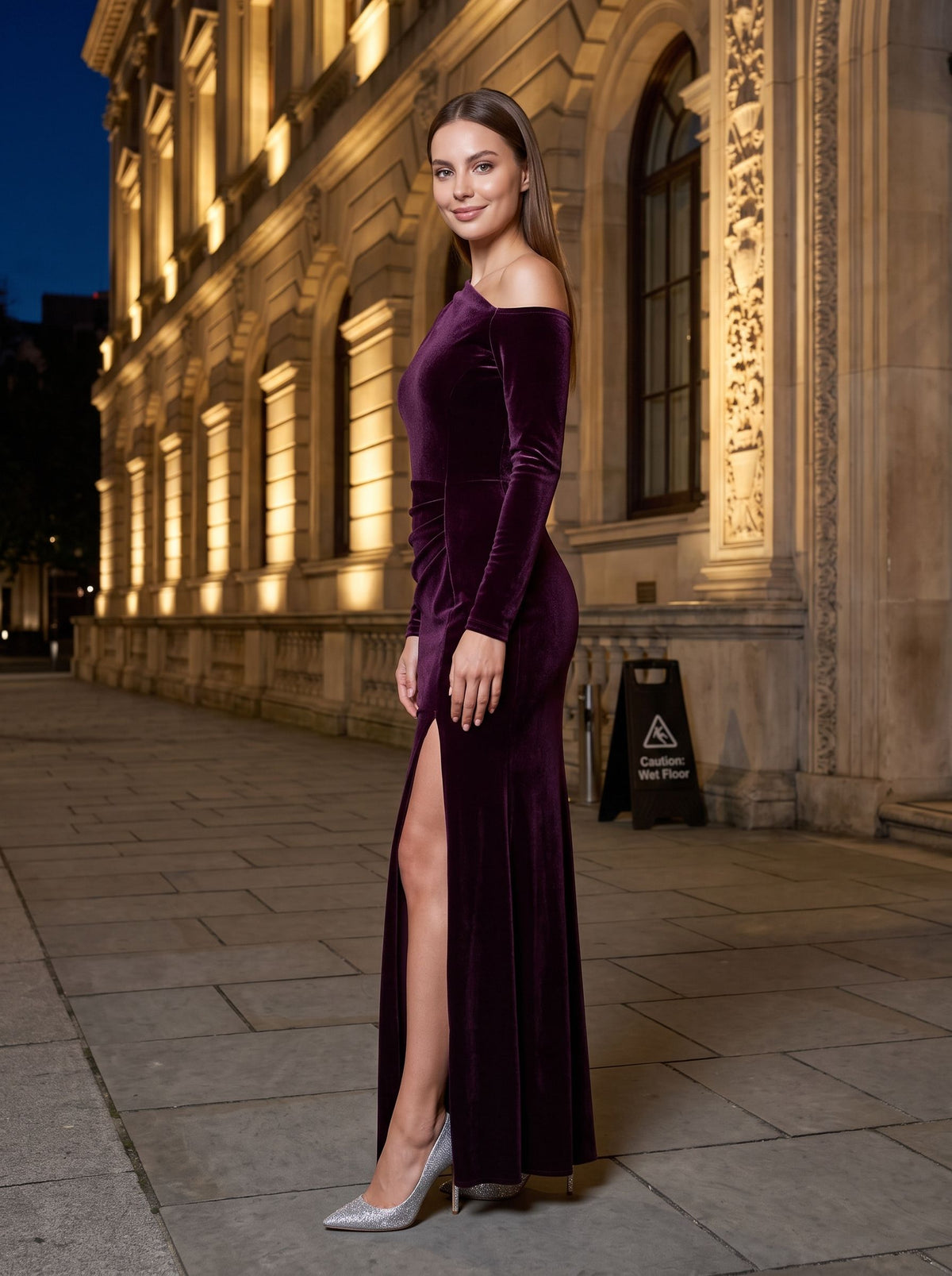 Wine Velvet Sheath Off-the-Shoulder Back Zip Floor-Length Dress