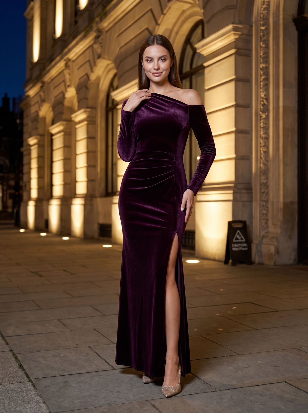 Wine Velvet Sheath Off-the-Shoulder Back Zip Floor-Length Dress