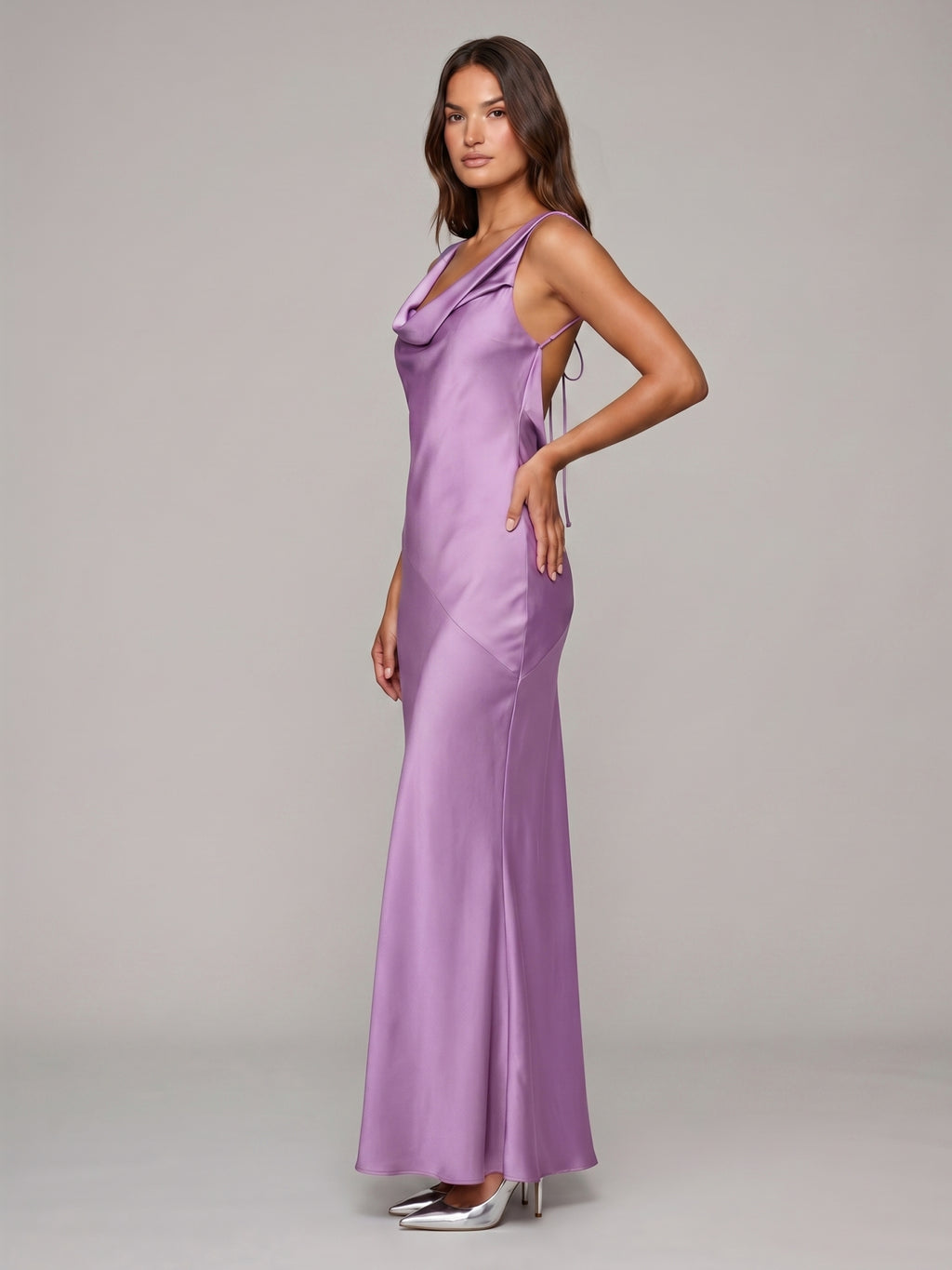 Wisteria Satin Mermaid Cowl Neck Backless Floor-Length Bridesmaid Dress